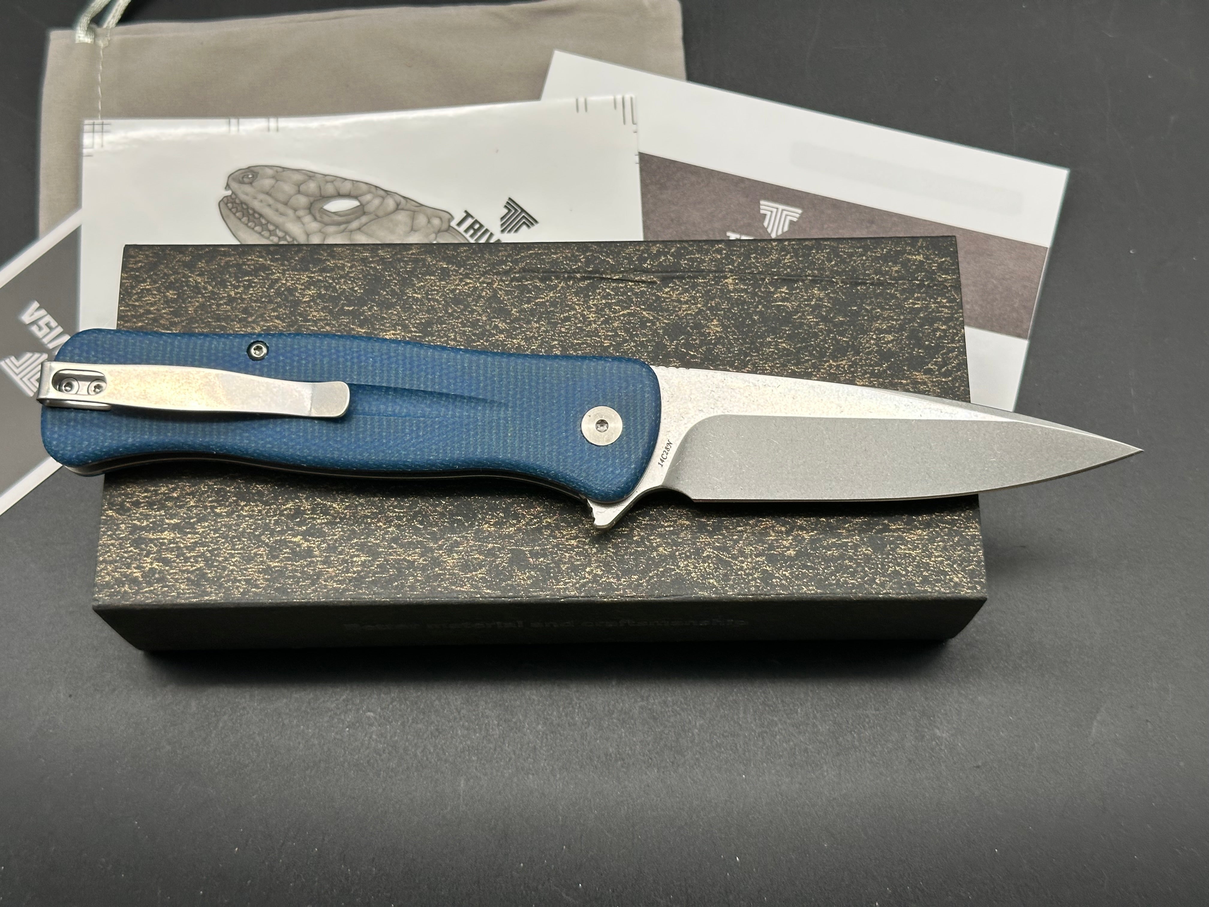 TRIVISA BLUE MICARTA HANDLE 14C28N PLAIN EDGE SATIN FINISH