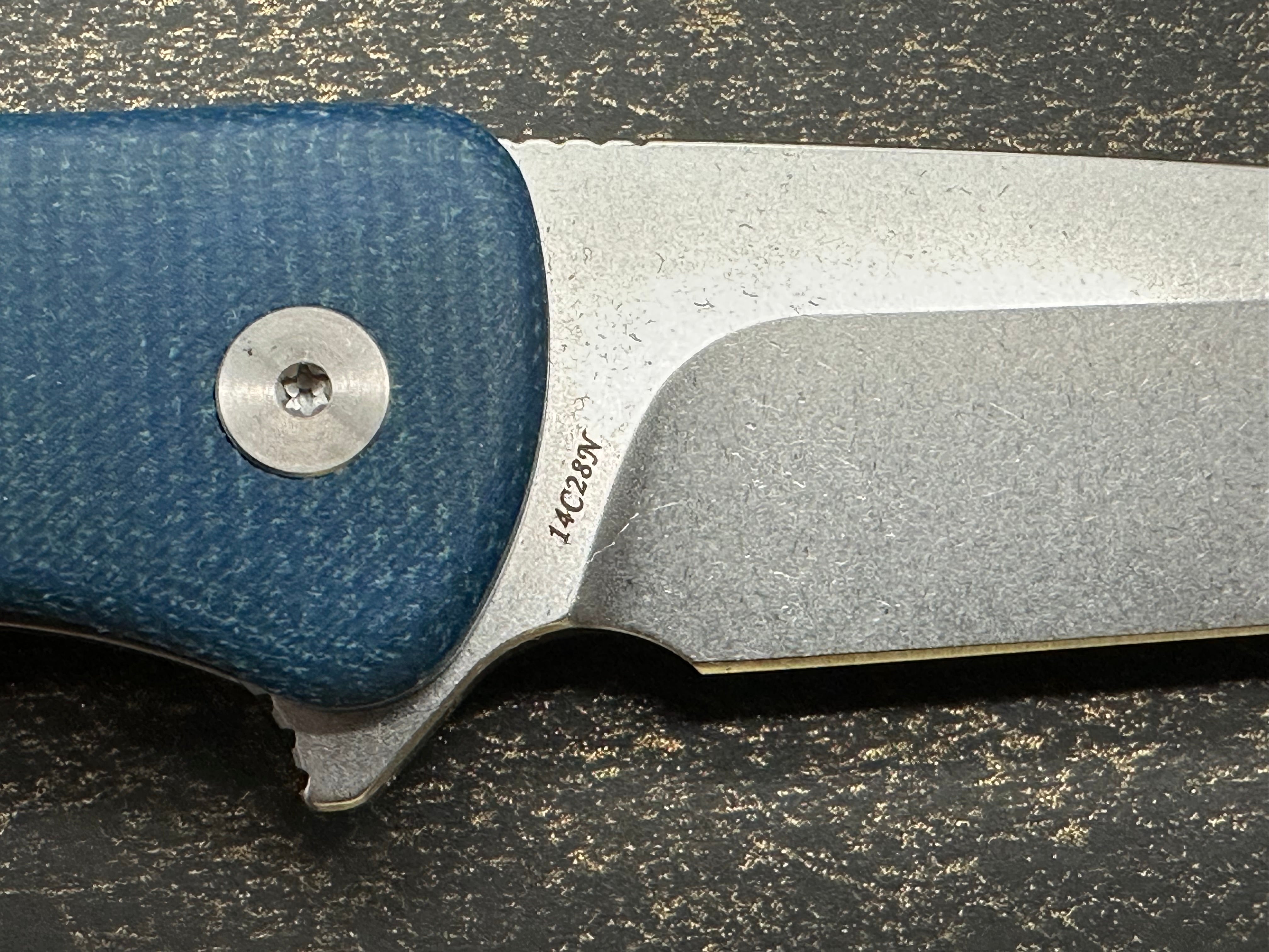 TRIVISA BLUE MICARTA HANDLE 14C28N PLAIN EDGE SATIN FINISH