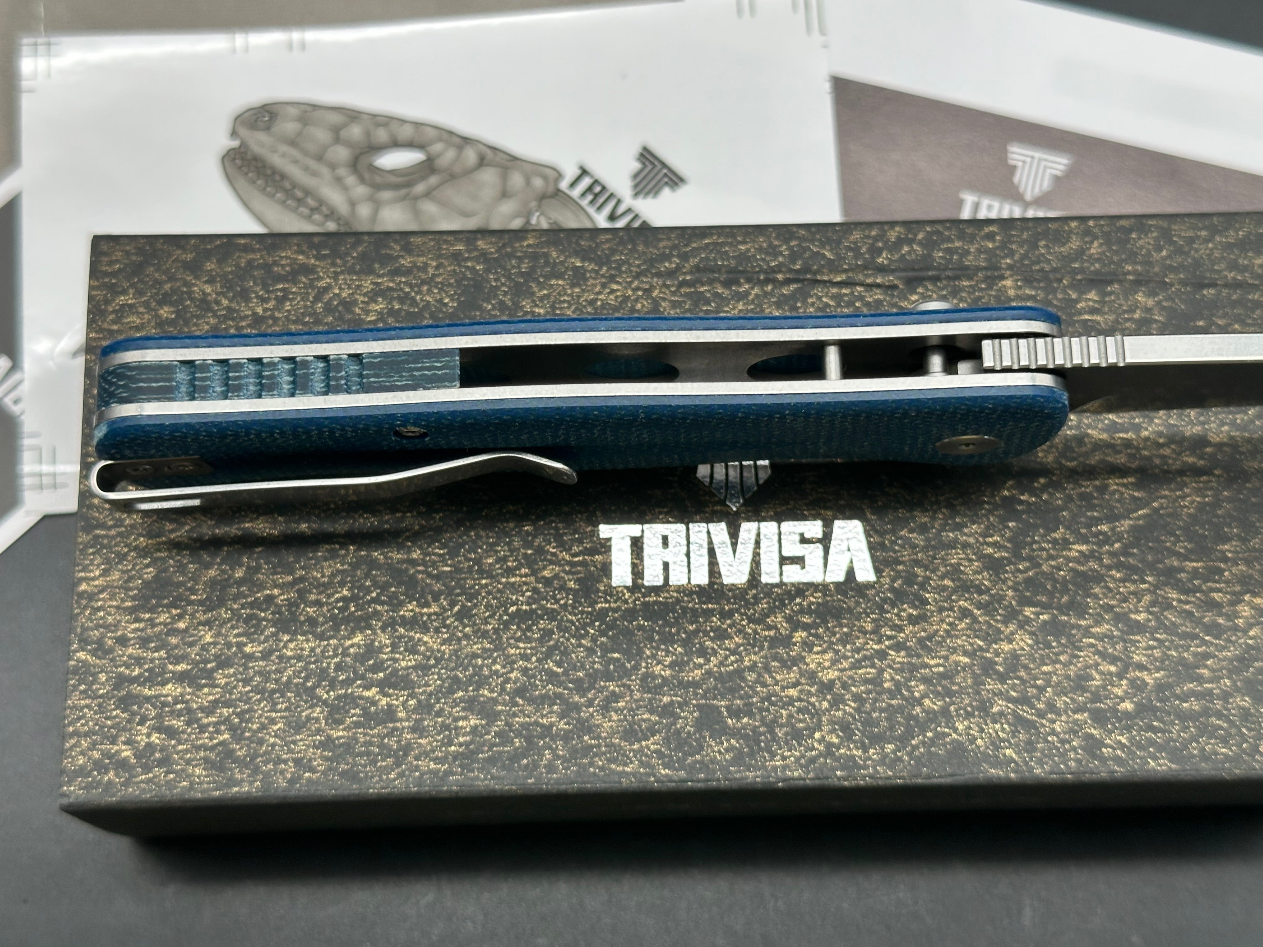 TRIVISA BLUE MICARTA HANDLE 14C28N PLAIN EDGE SATIN FINISH