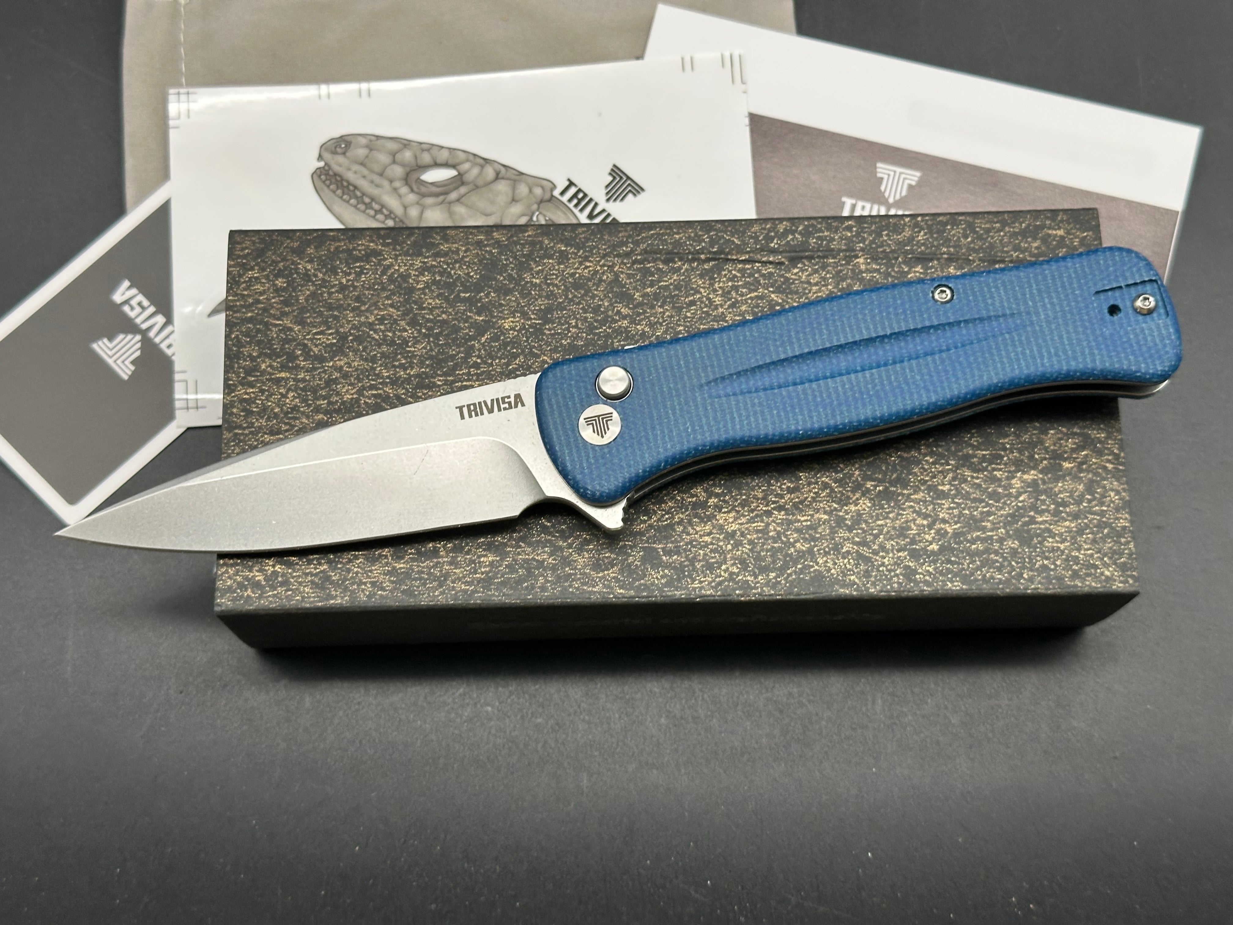 TRIVISA BLUE MICARTA HANDLE 14C28N PLAIN EDGE SATIN FINISH