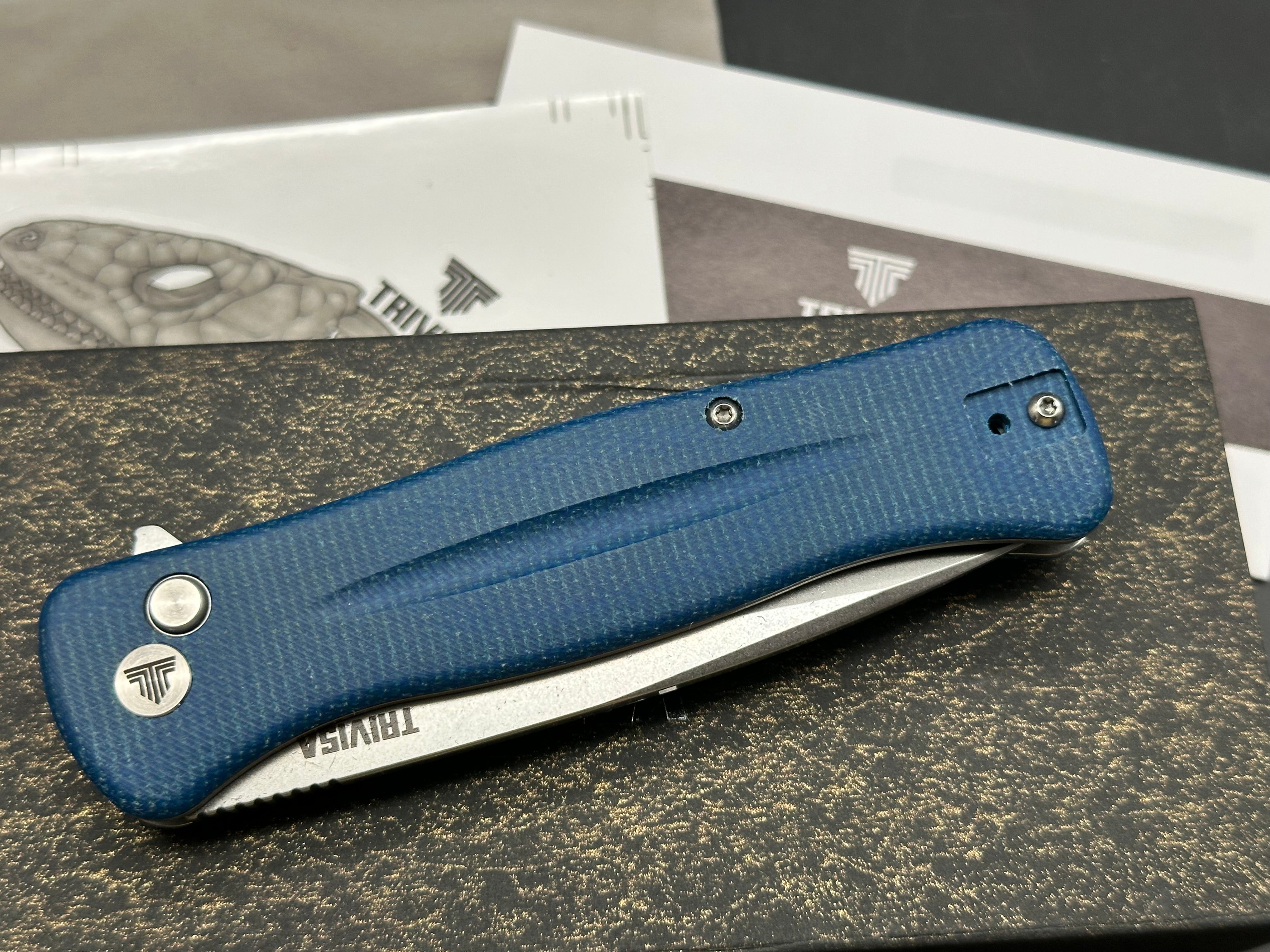 TRIVISA BLUE MICARTA HANDLE 14C28N PLAIN EDGE SATIN FINISH