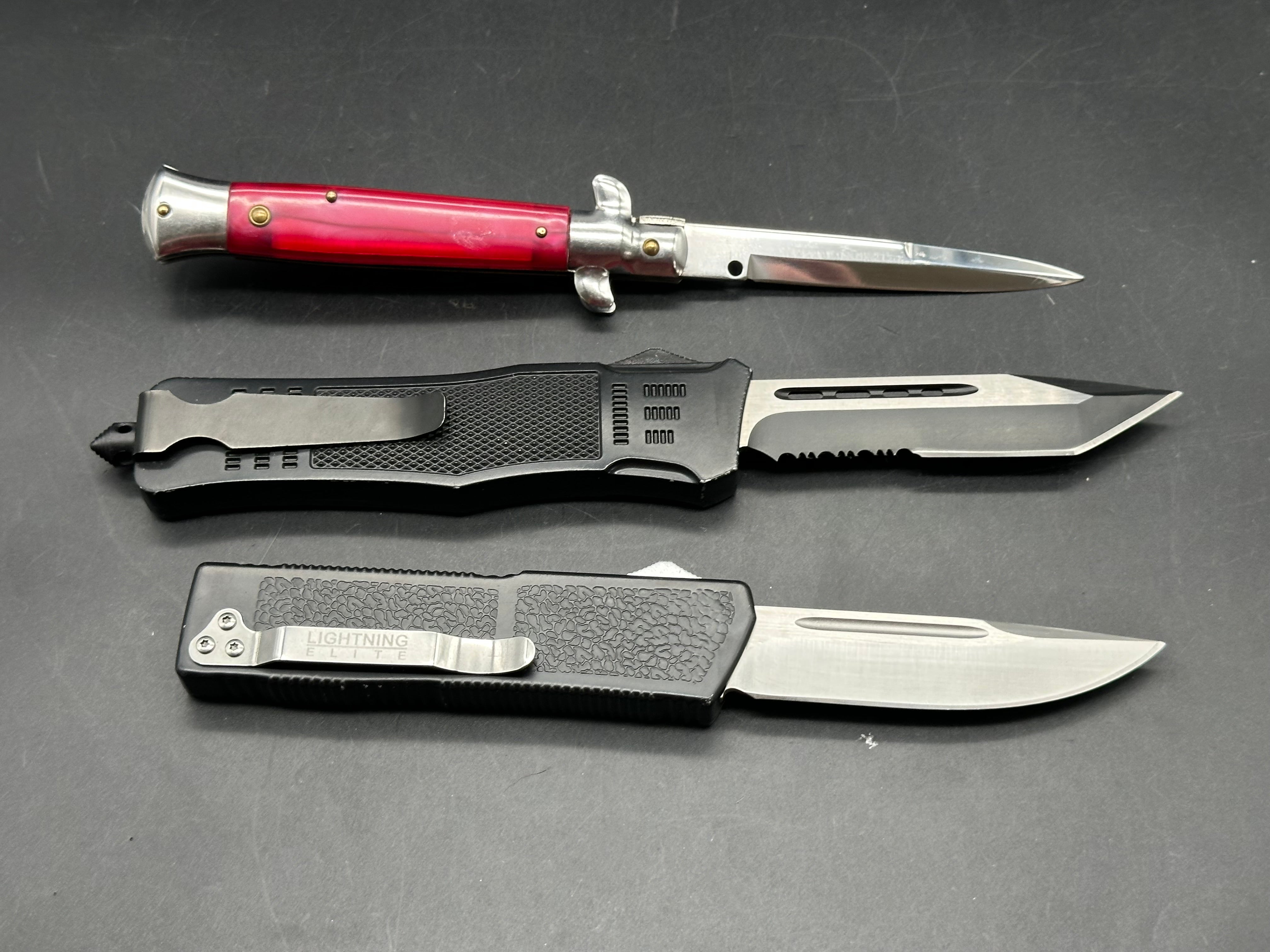 AKC RED STILLETO SIDE AUTO, LIGHTNING ELITE OTF, AND ATOMIC DEFENDER LARGE SERRATED TANTO OTF
