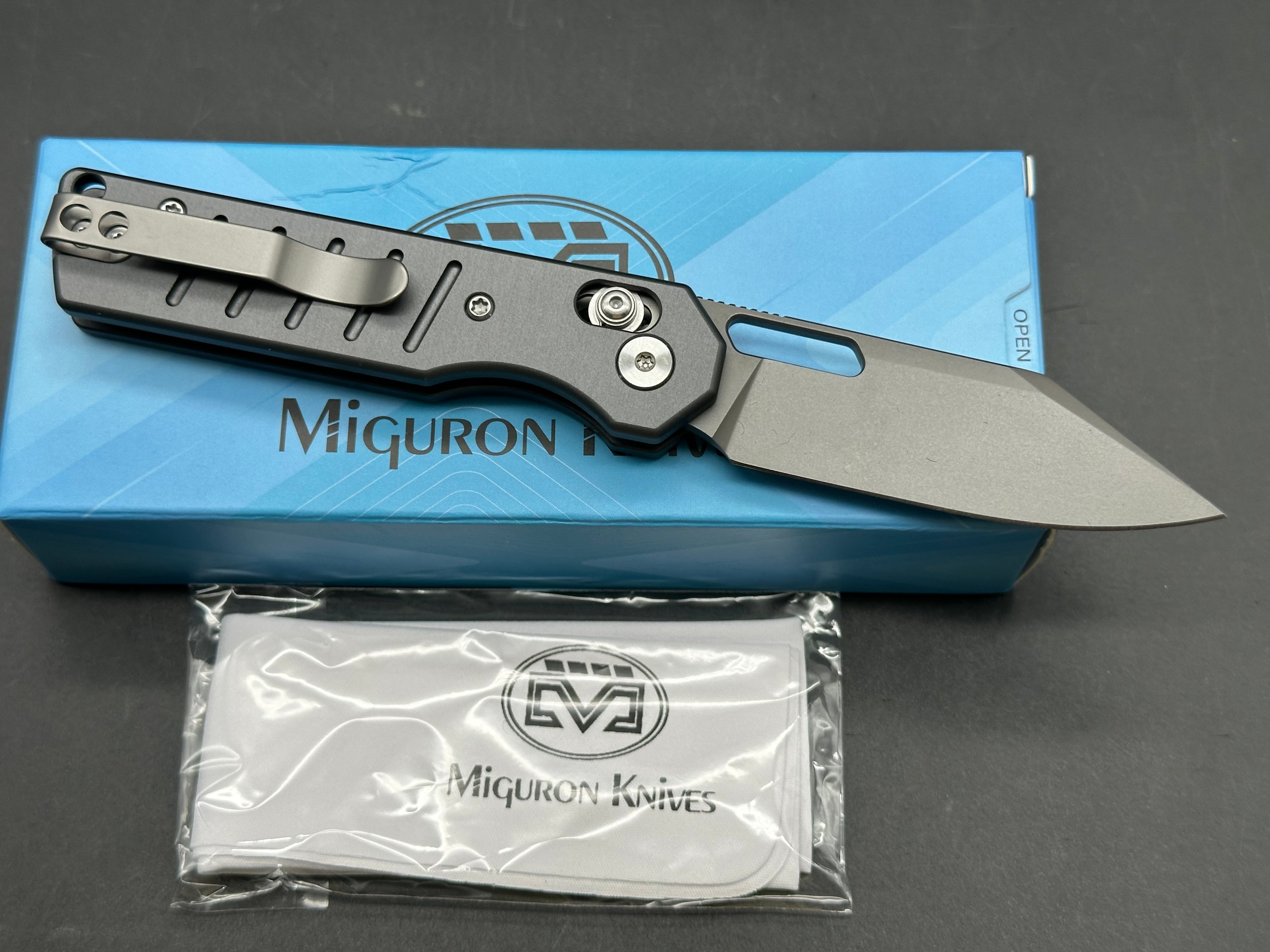 Miguron Gatov 2.81" D2 Dark Gray PVD Blade with Dark Gray Aluminum Scales (Satin Hardware)
