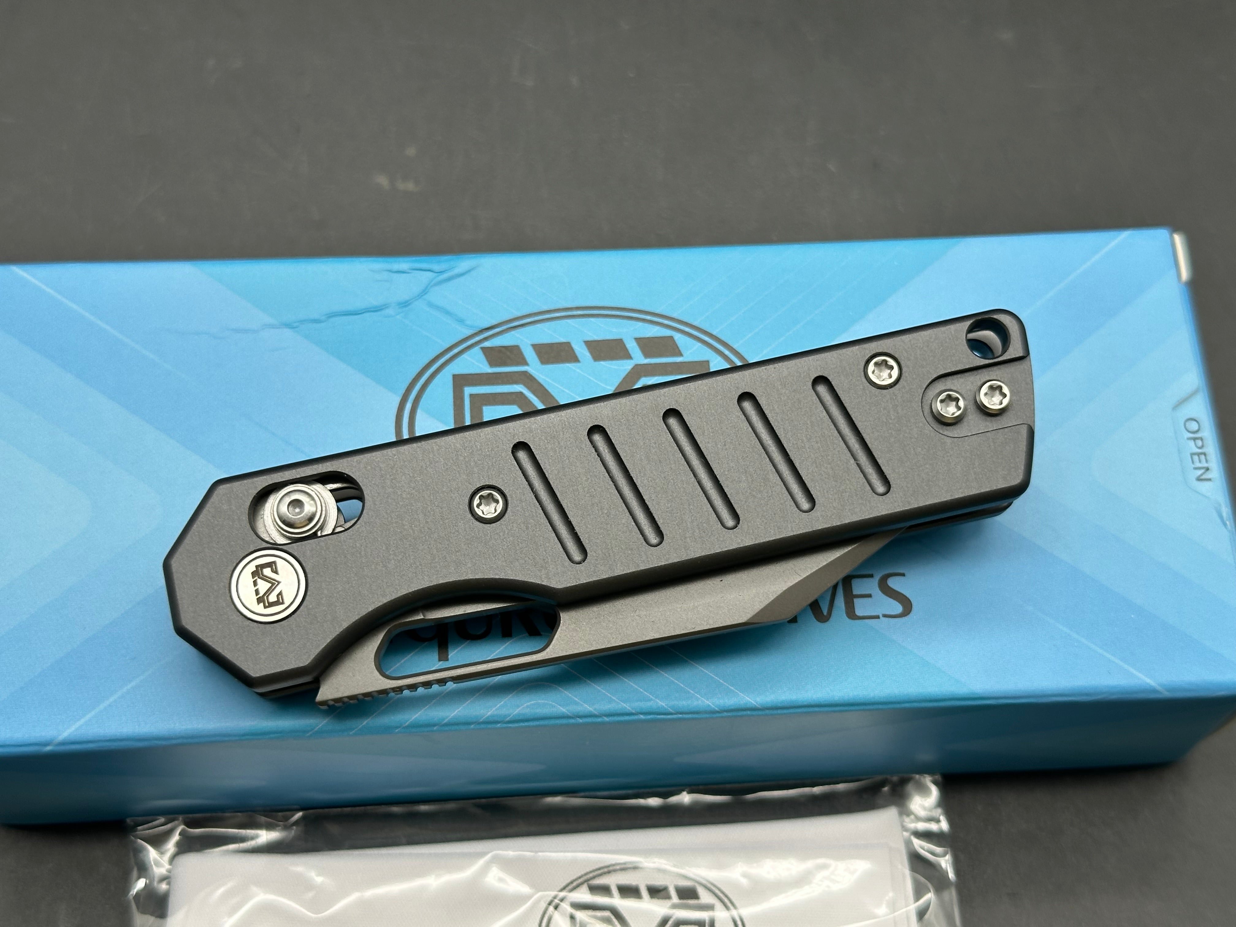 Miguron Gatov 2.81" D2 Dark Gray PVD Blade with Dark Gray Aluminum Scales (Satin Hardware)