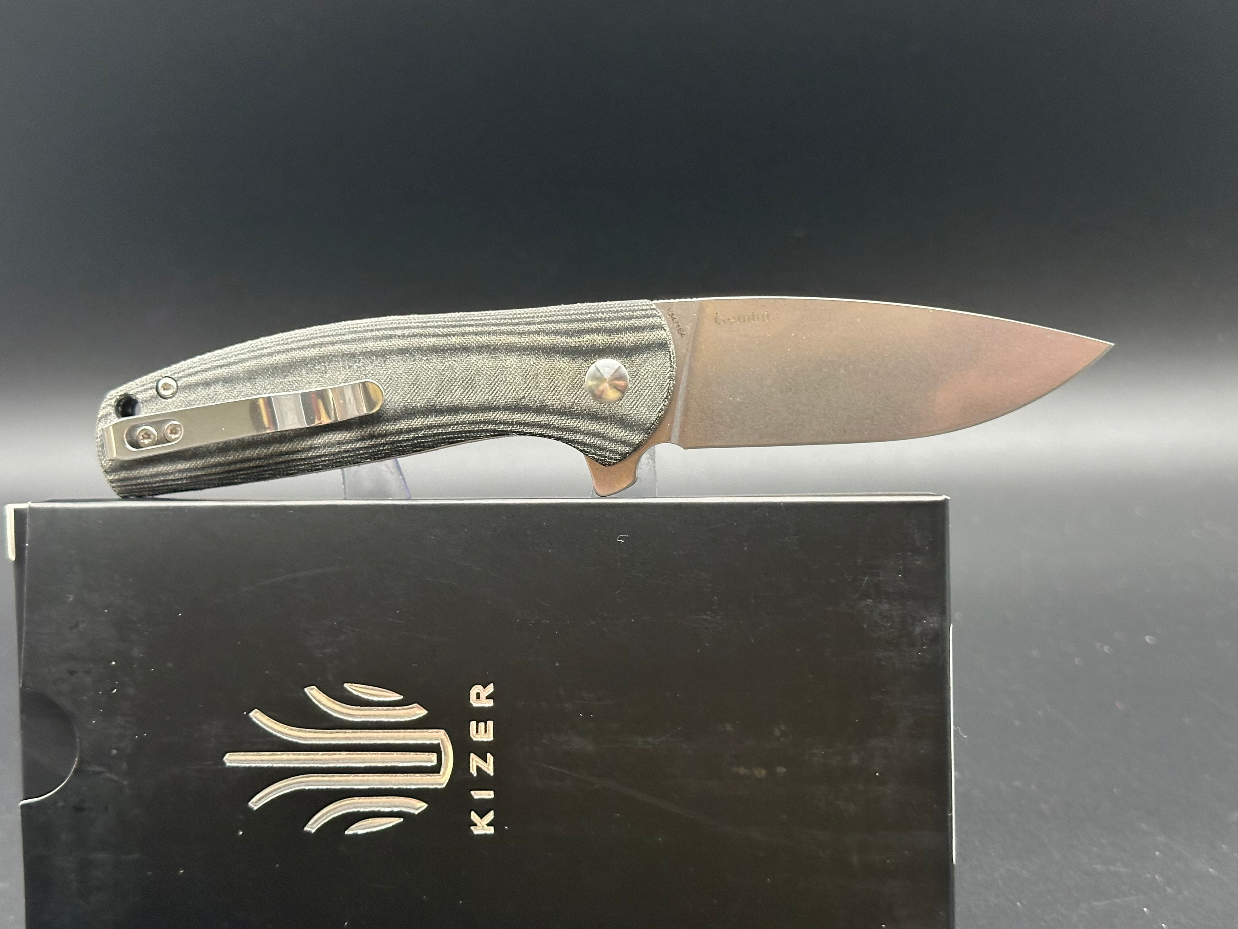 Kizer Cutlery Vanguard Ray Laconico Gemini Button Lock Flipper Knife CPM-4V Black Linen Micarta Handles