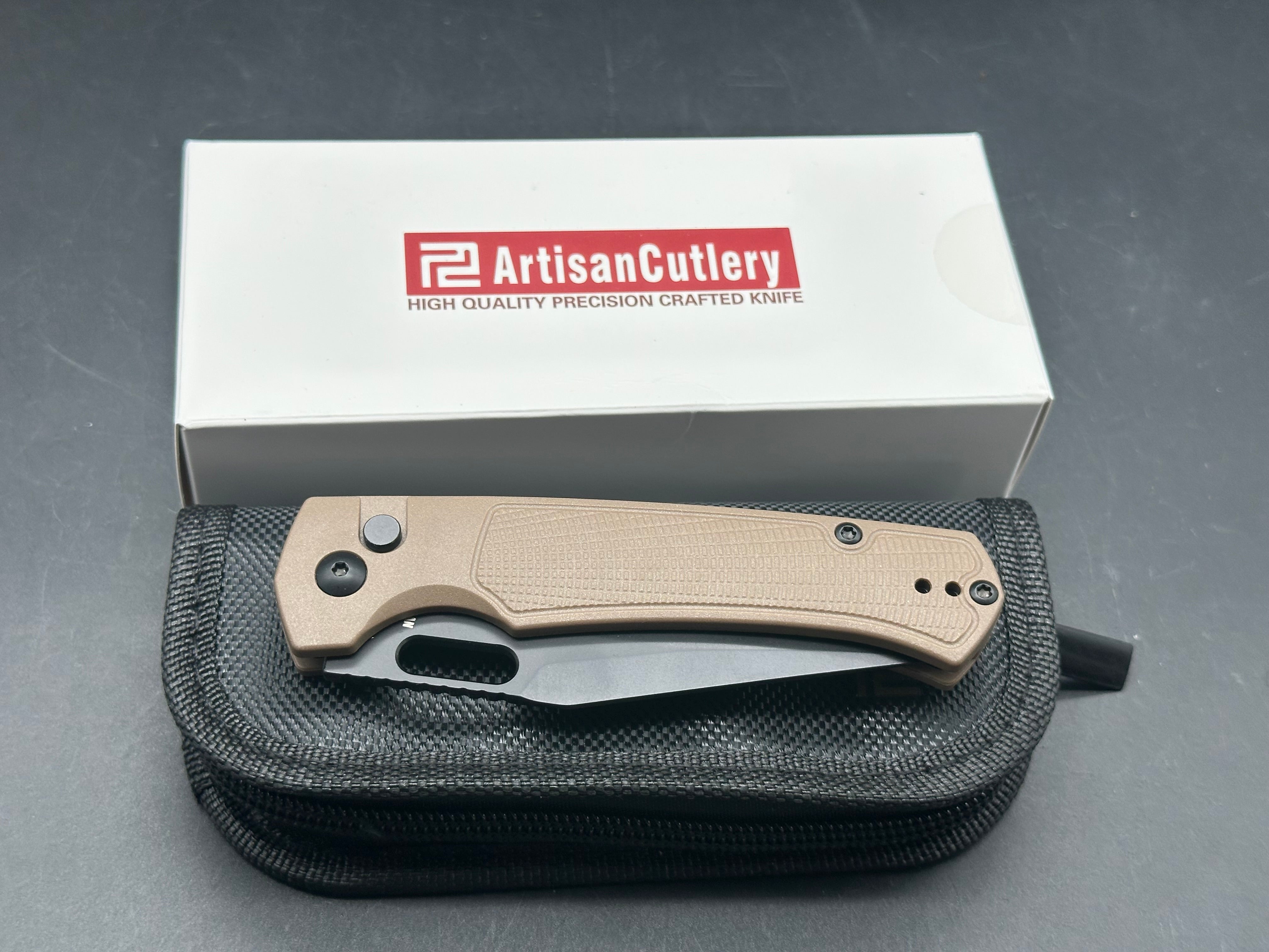 ARTISAN CUTLERY REVEL FOLDING KNIFE BROWN FRN HANDLE AR-RPM9 PLAIN BLACK BLADE