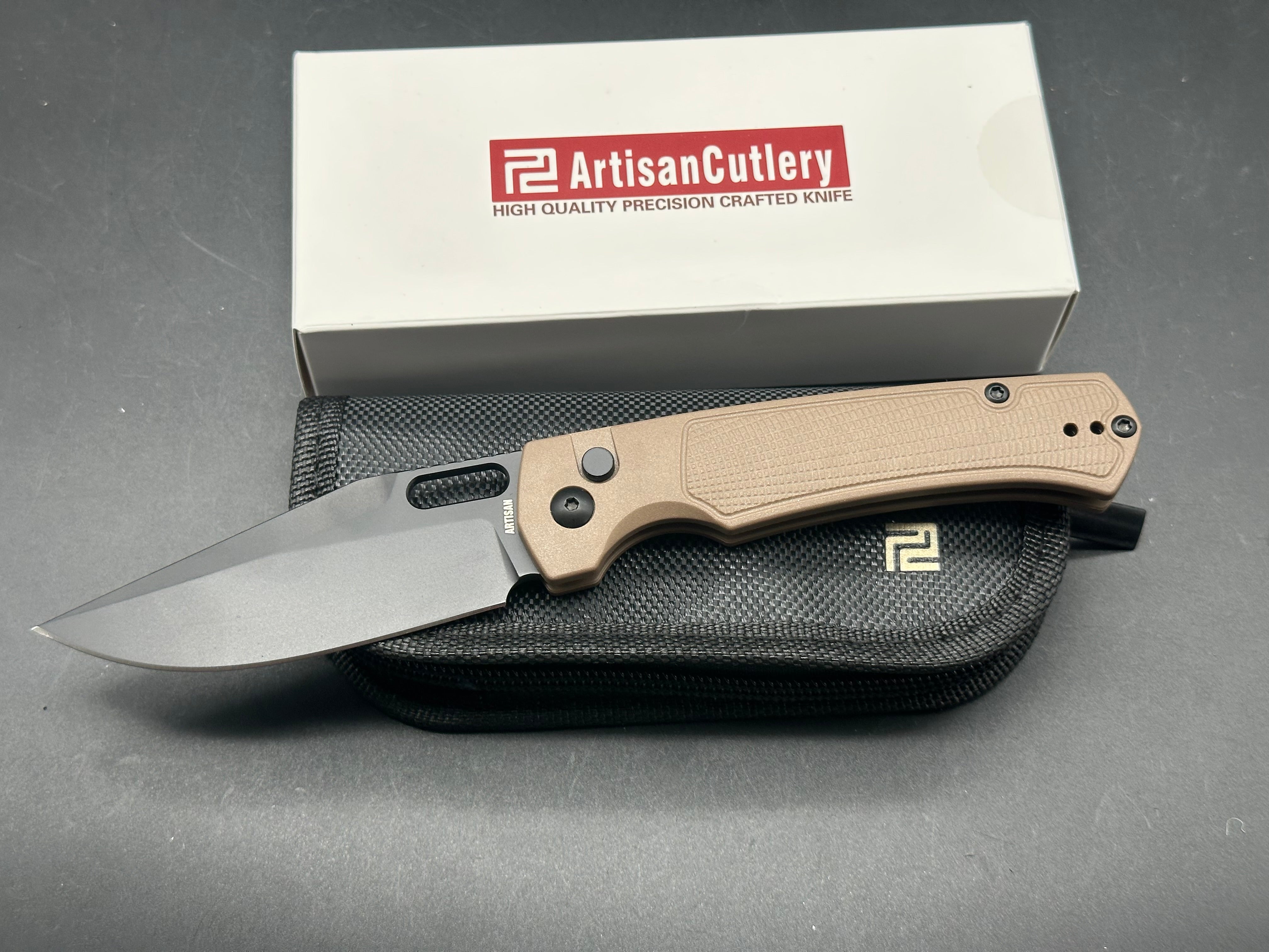 ARTISAN CUTLERY REVEL FOLDING KNIFE BROWN FRN HANDLE AR-RPM9 PLAIN BLACK BLADE