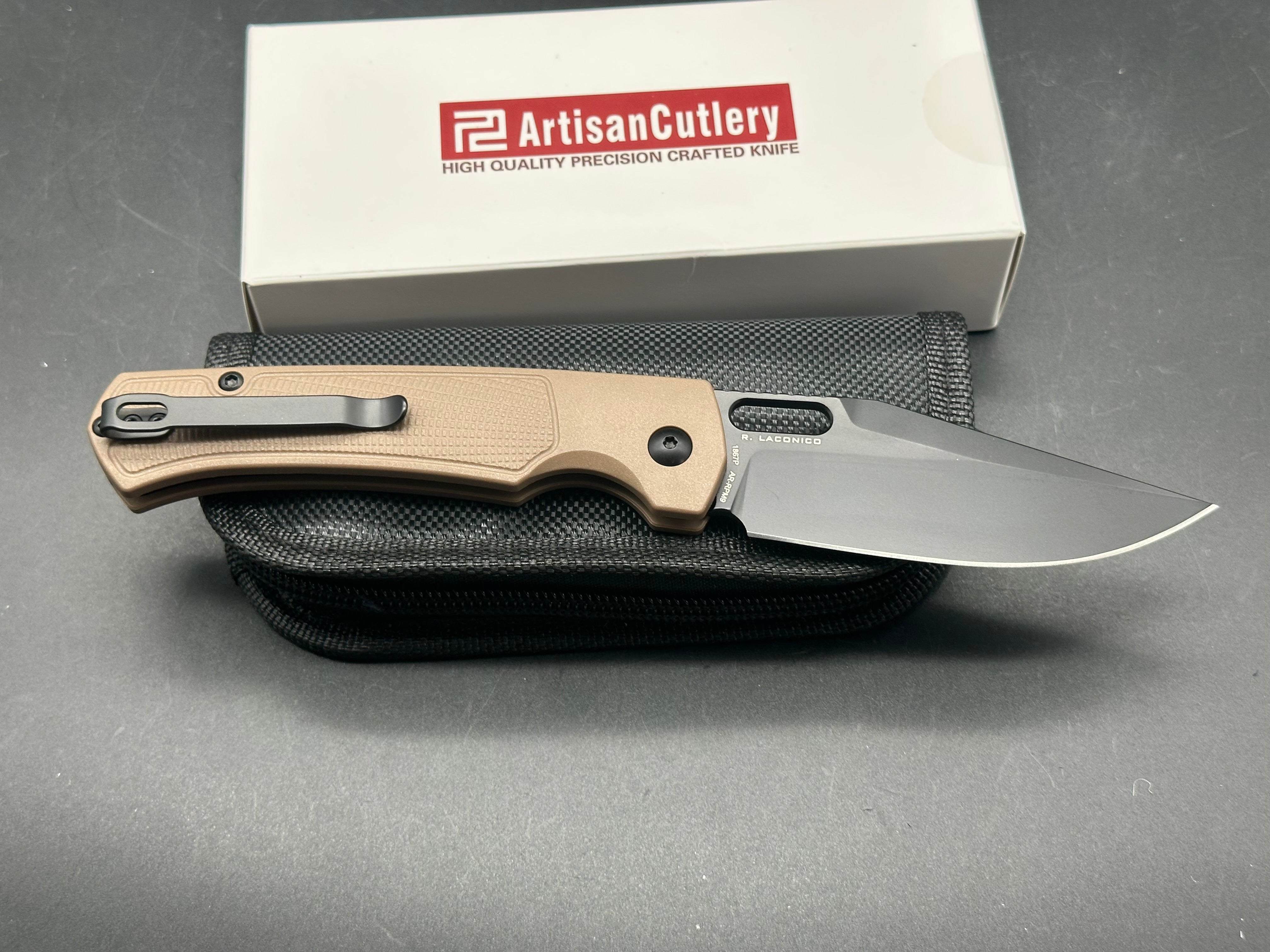 ARTISAN CUTLERY REVEL FOLDING KNIFE BROWN FRN HANDLE AR-RPM9 PLAIN BLACK BLADE