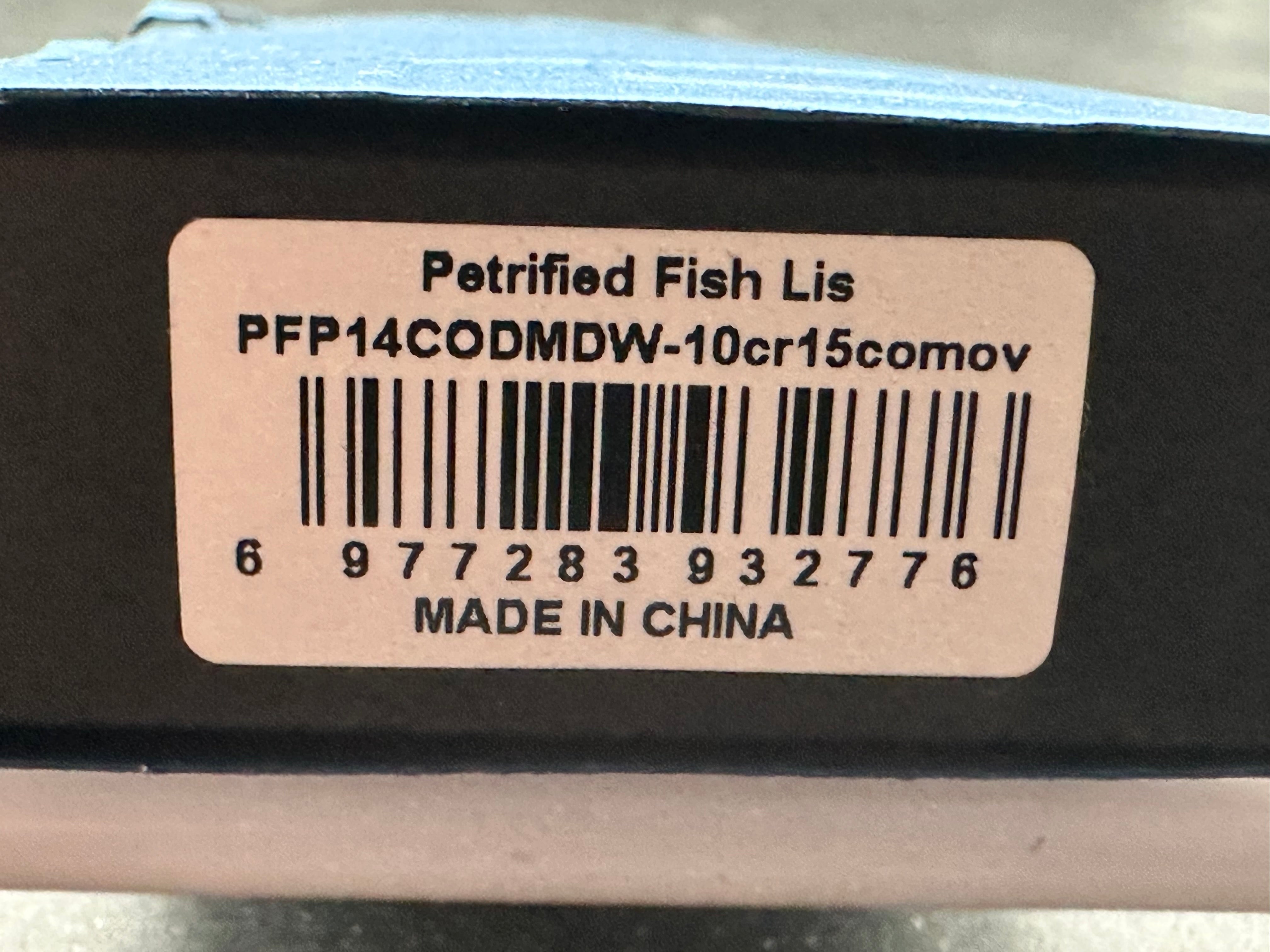 PETRIFIED FISH LIS FOLDING KNIFE BUTTON MULTI COLOR HANDLE 10CR15COMOV BLACK BLADE