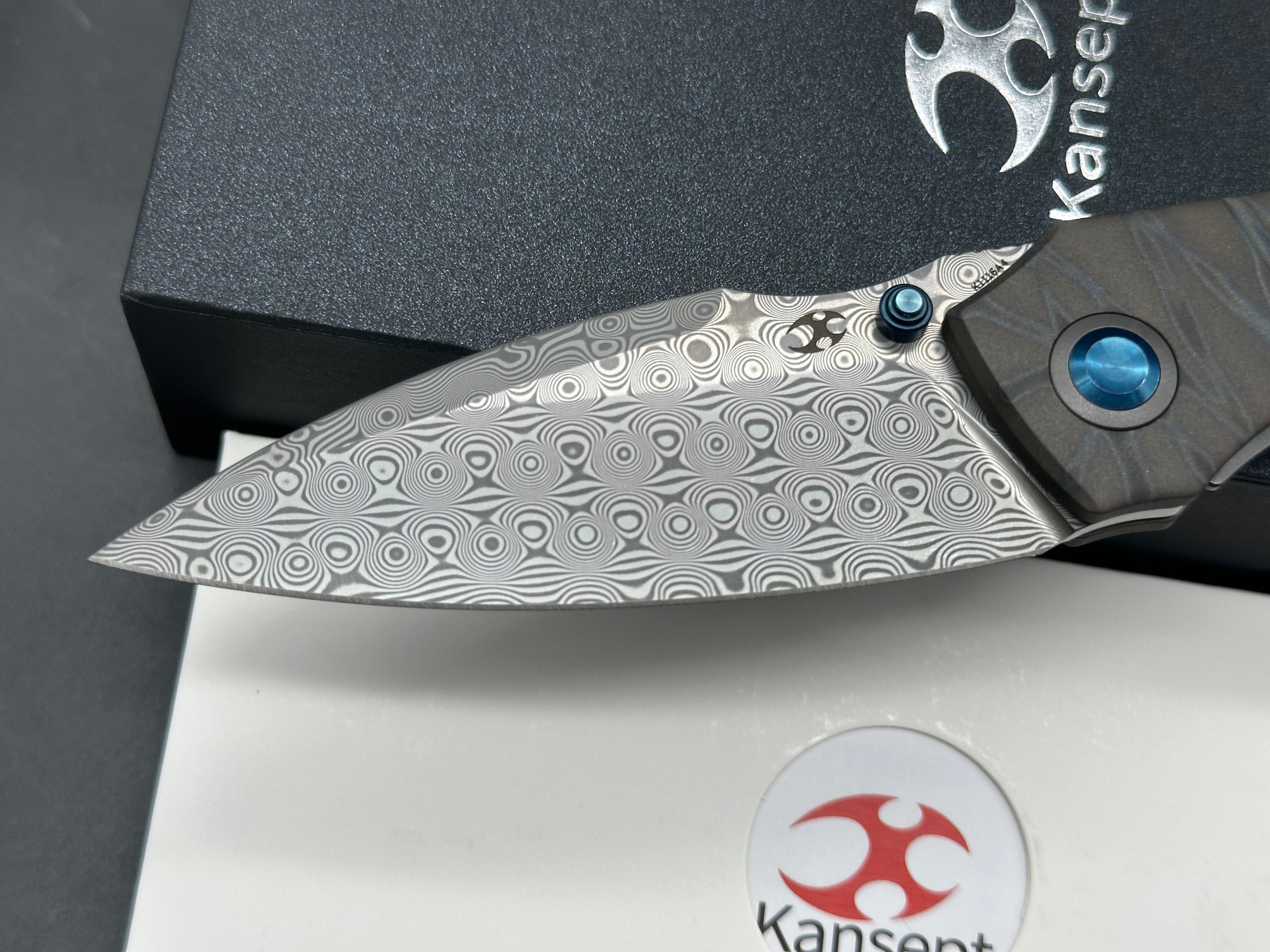KANSEPT MINI LANZA TIGER STRIPE TITANIUM HANDLE DAMASCUS DROP POINT