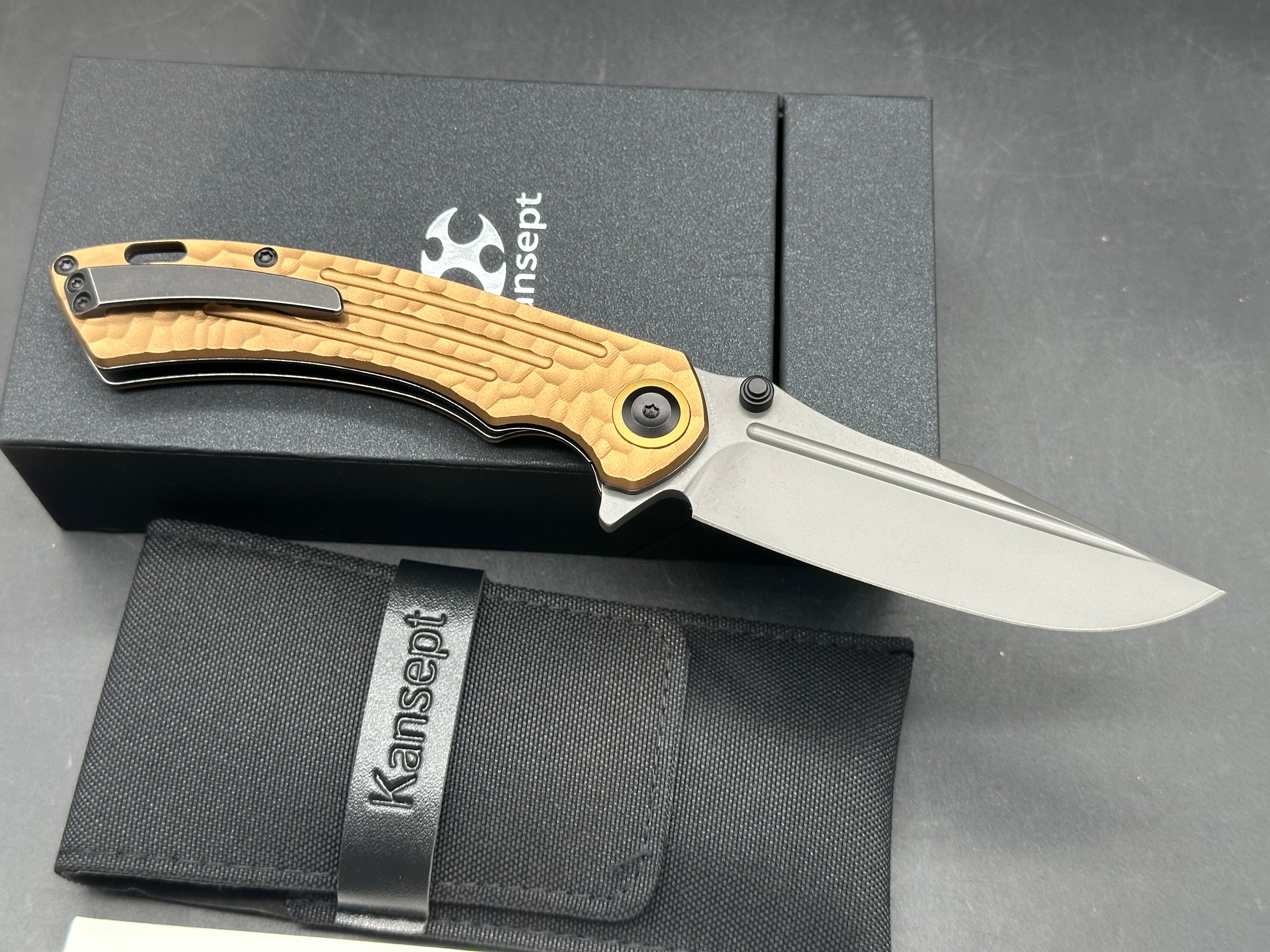 KANSEPT PRETATOUT GOLDEN ALUMINUM WITH ROCK TEXTURE 3.56" CPM S35VN BLADE