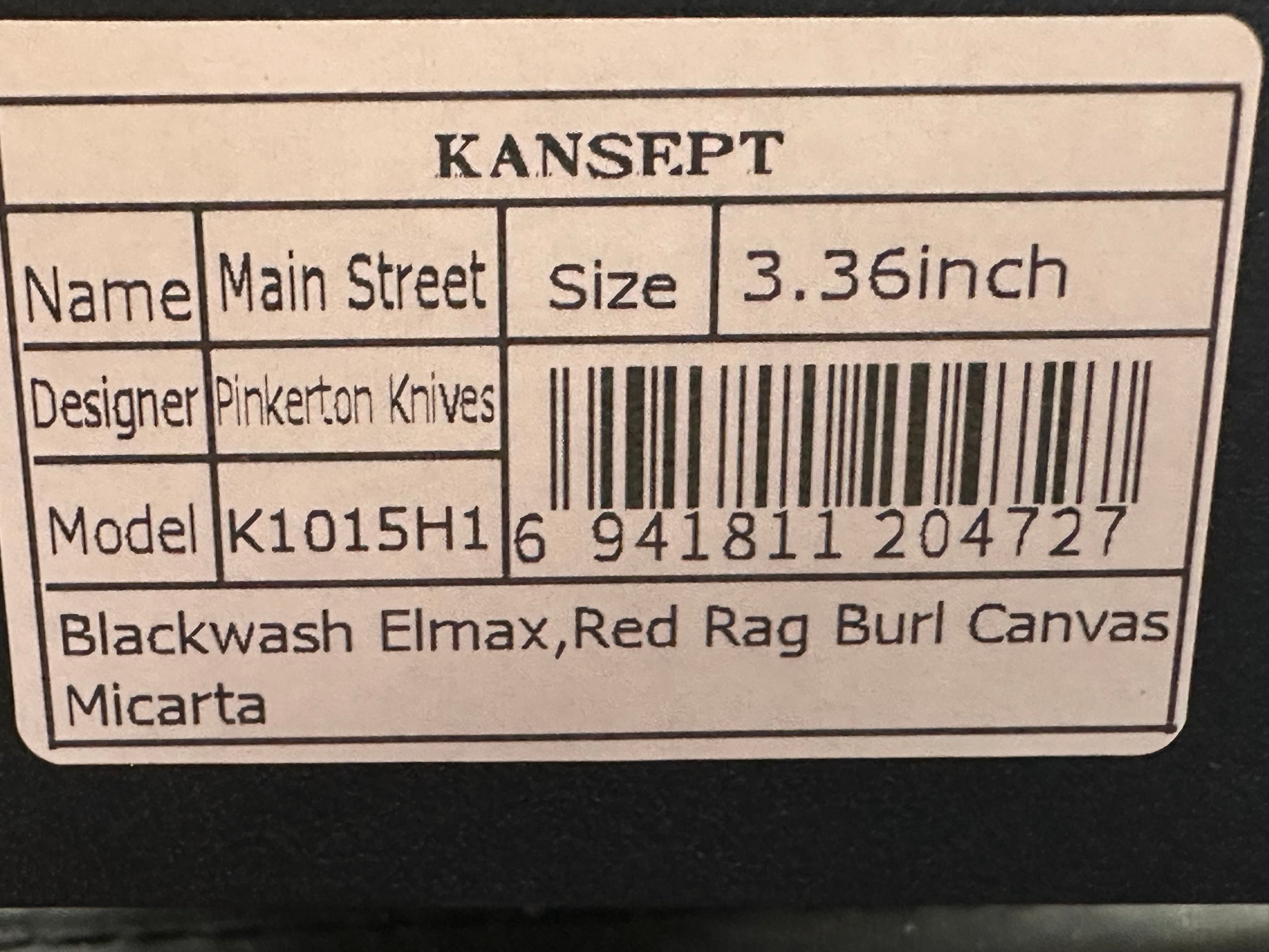 KANSEPT MAIN STREET FOLDING KNIFE RED RAG BURL MICARTA HANDLE ELMAX WHARNCLIFFE PLAIN EDGE BLACKWASH FINISH