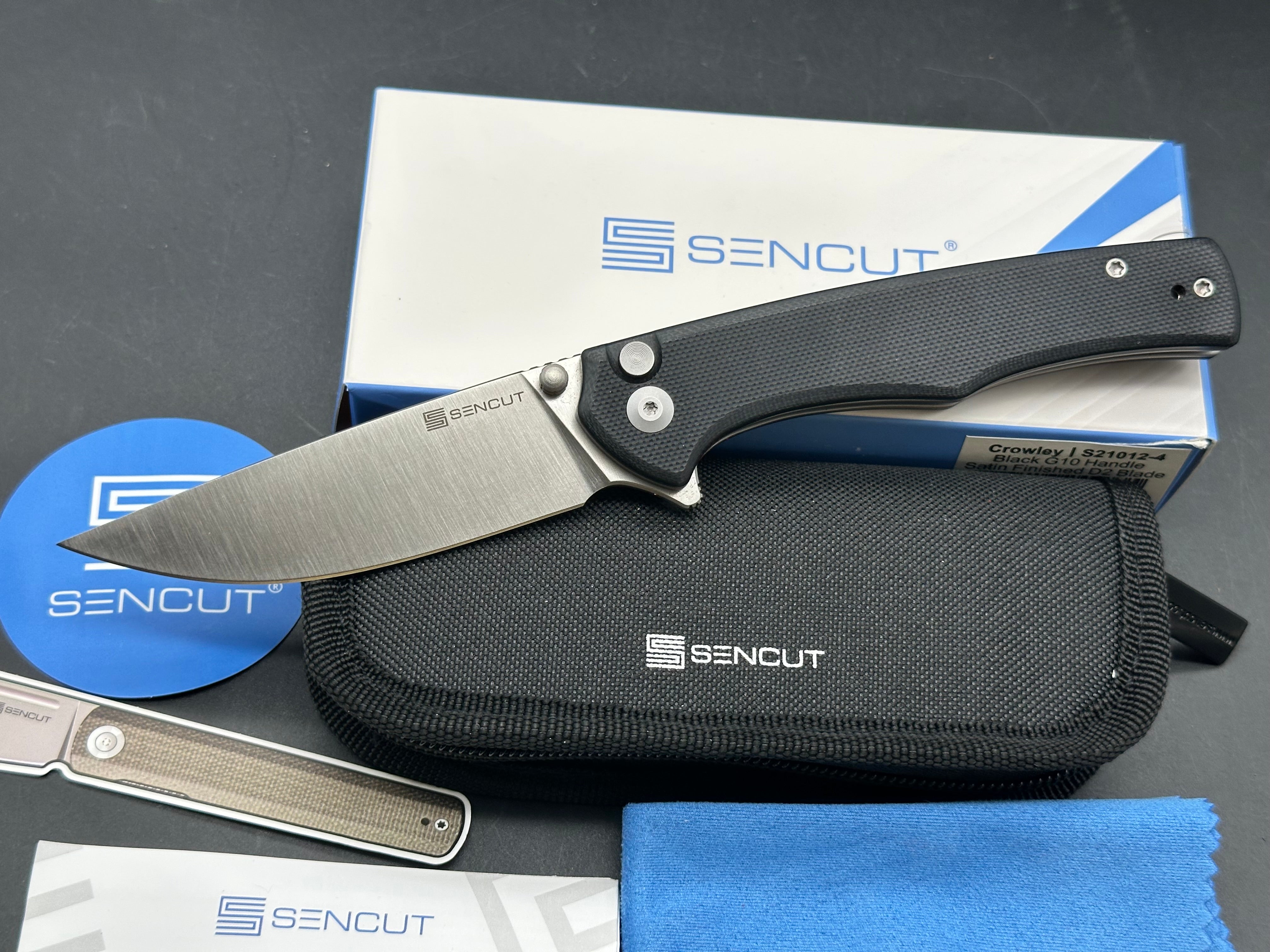 SENCUT Crowley Button Lock Knife Black G-10 (3.48" Satin)D2 blade