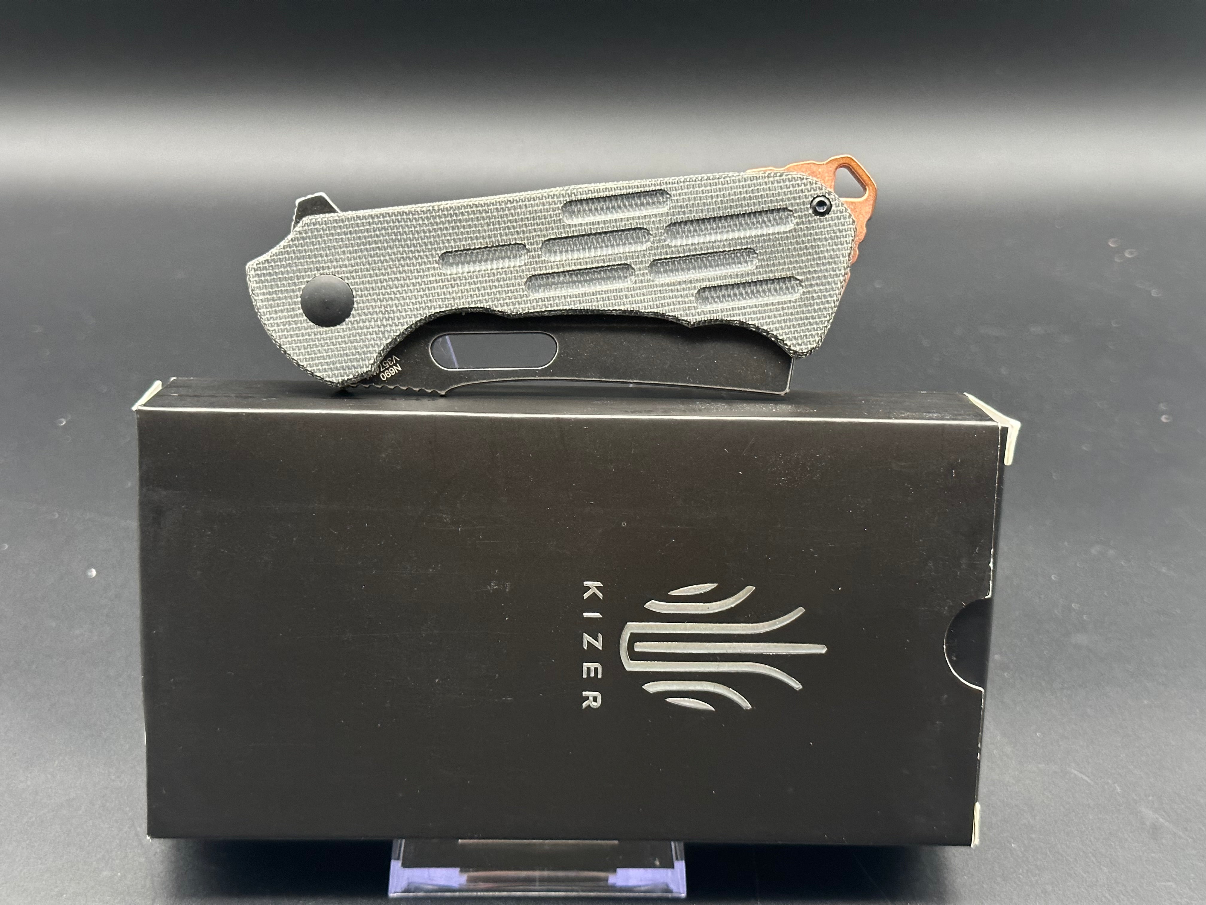 KIZER QUATCH FOLDING KNIFE BLACK MICARTA HANDLE