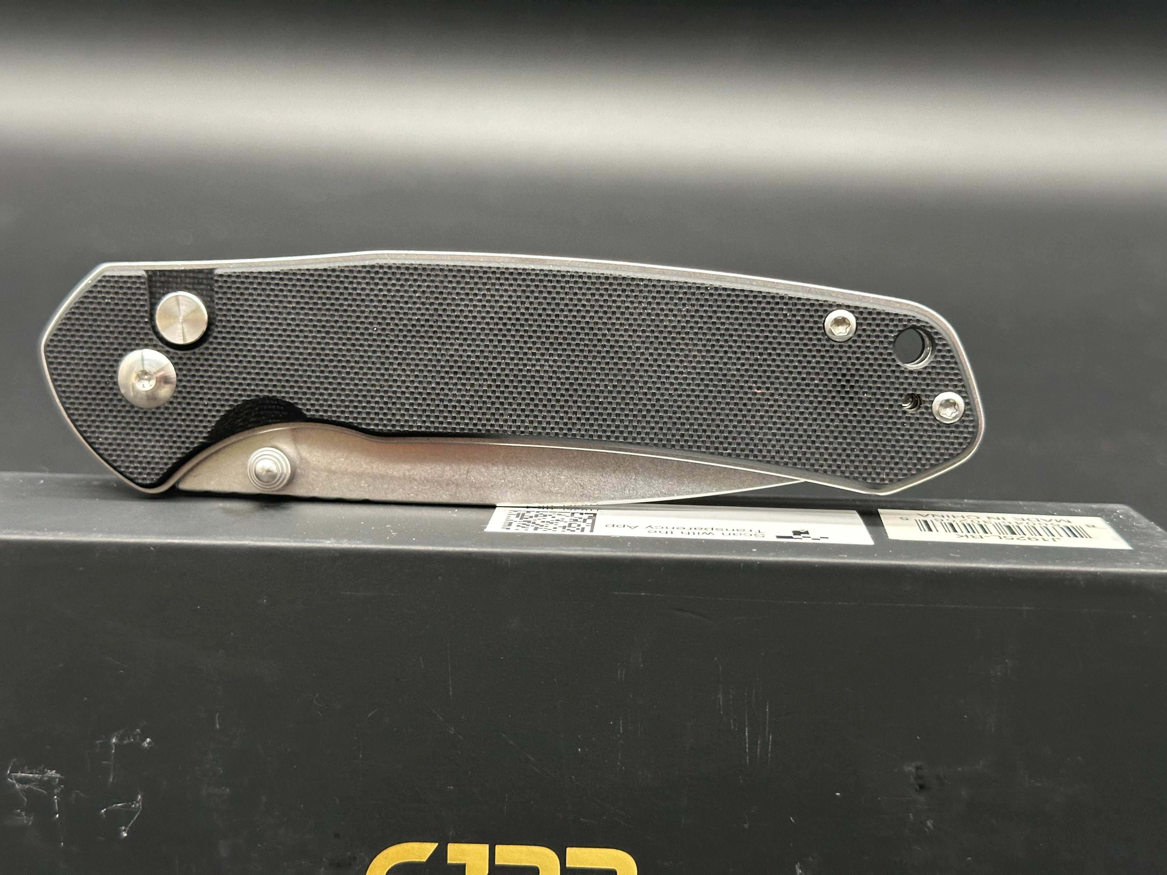 CJRB Cutlery Large Pyrite Button Lock Knife Black G-10