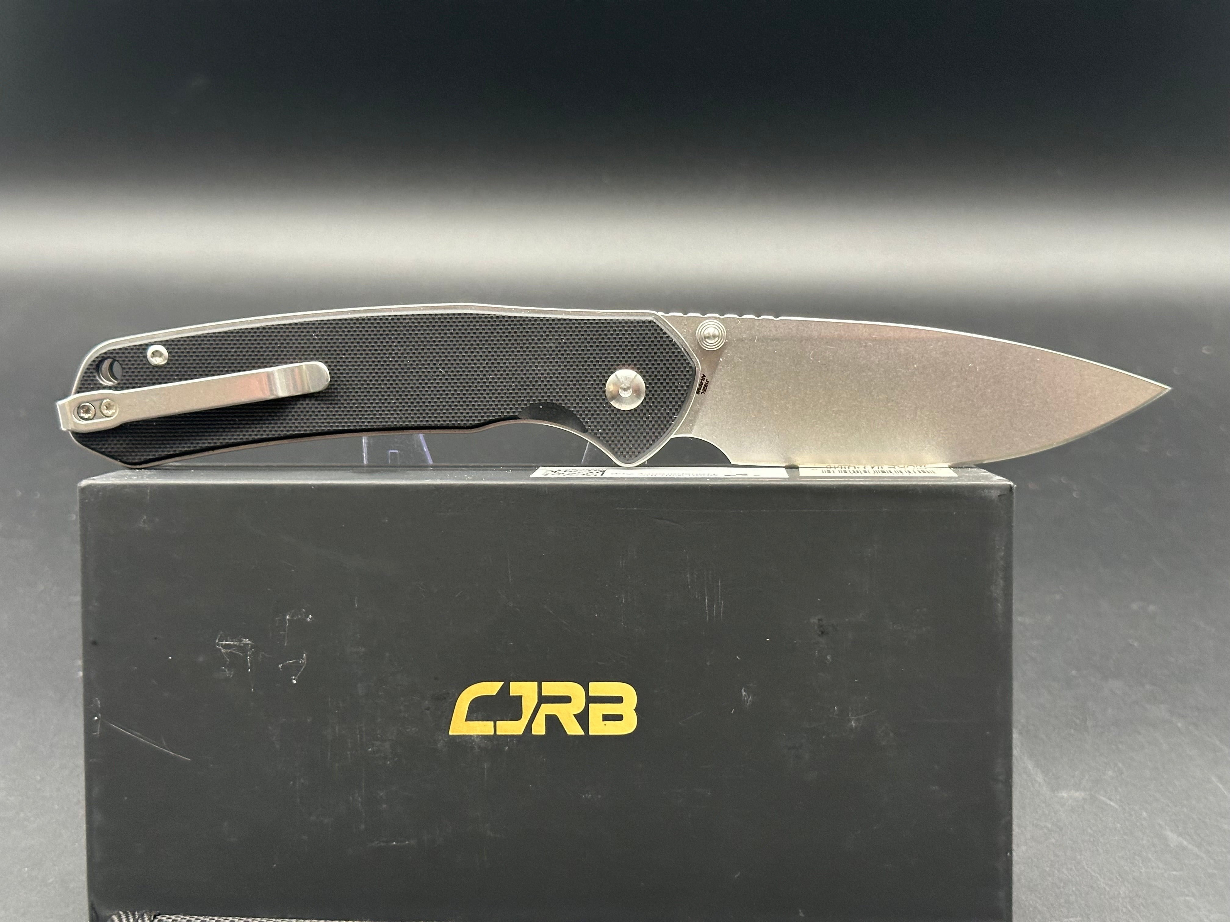 CJRB Cutlery Large Pyrite Button Lock Knife Black G-10