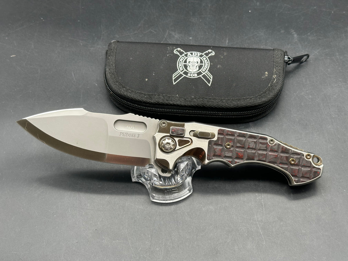 Andre De Villiers ADV Knives Pitboss 3 Large Button Lock Flipper titanium frame w/Red infused carbon fiber inlay - one of one