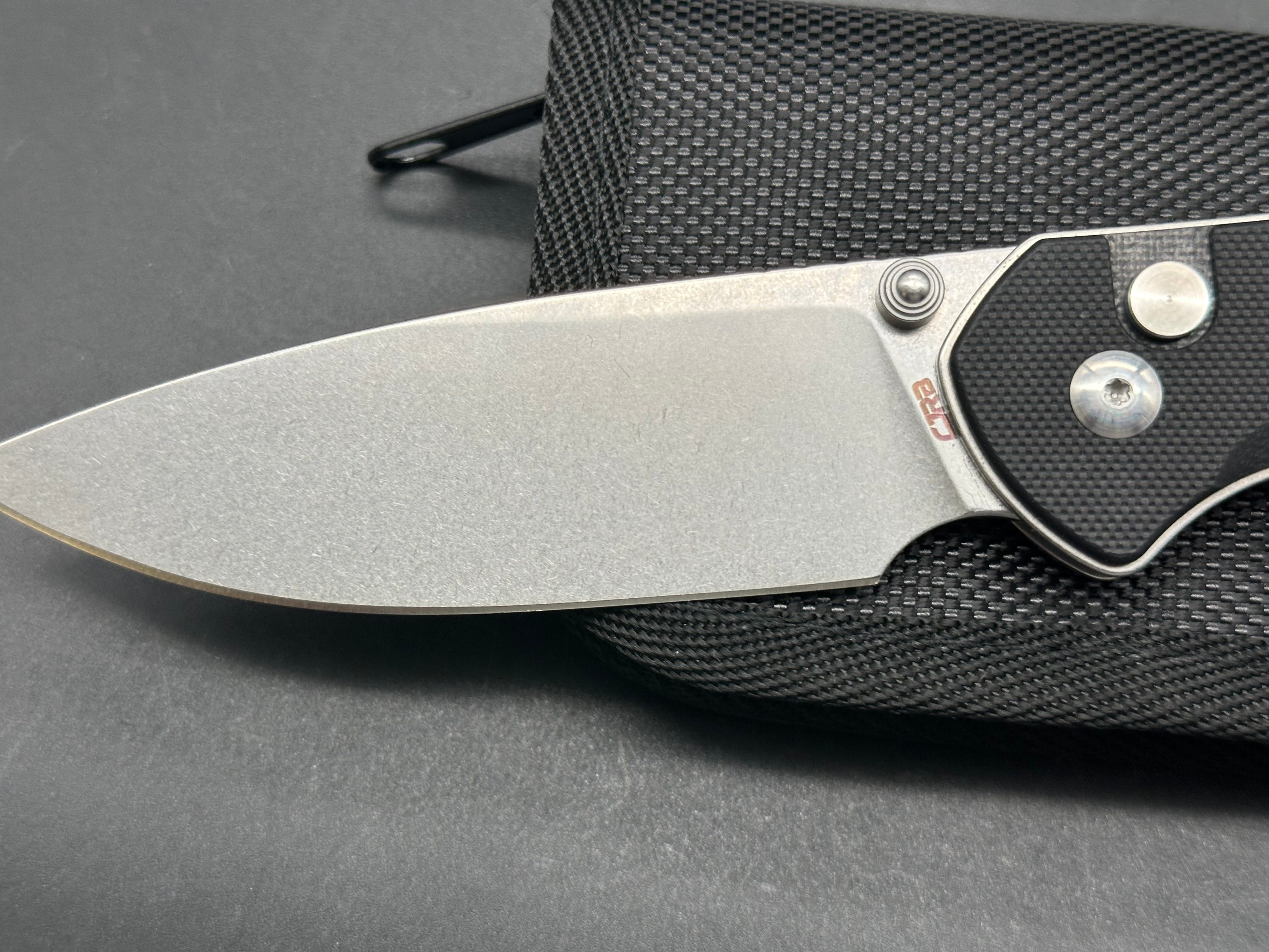 CJRB Cutlery Large Pyrite Button Lock Knife Black G-10