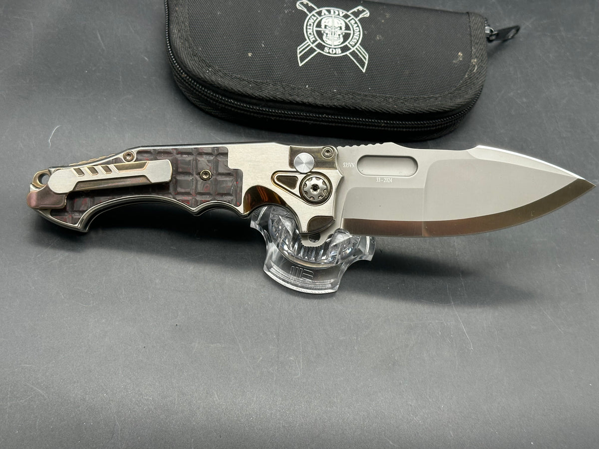 Andre De Villiers ADV Knives Pitboss 3 Large Button Lock Flipper titanium frame w/Red infused carbon fiber inlay - one of one