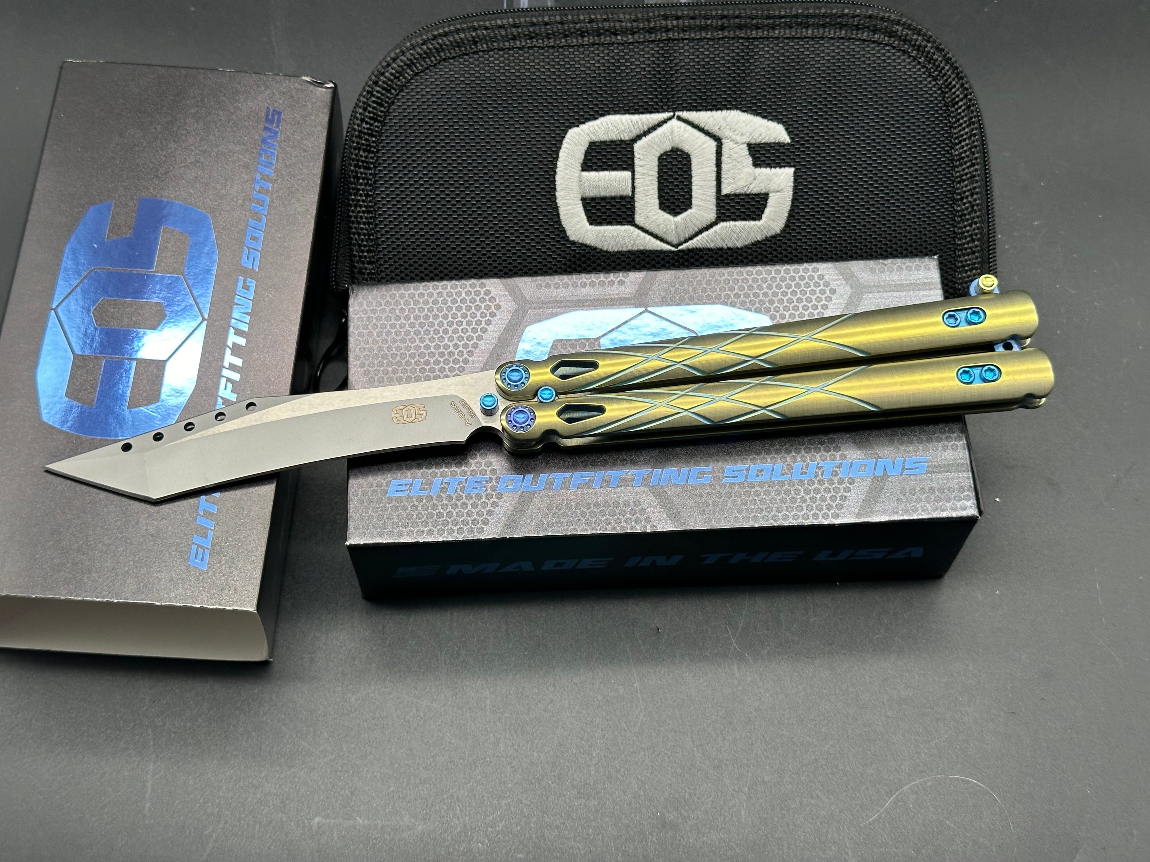 EOS Villian Balisong/Gold Ti Handles Blue Latch Hardware/Recurve Tanto/Sasha Satin CPM-S30V