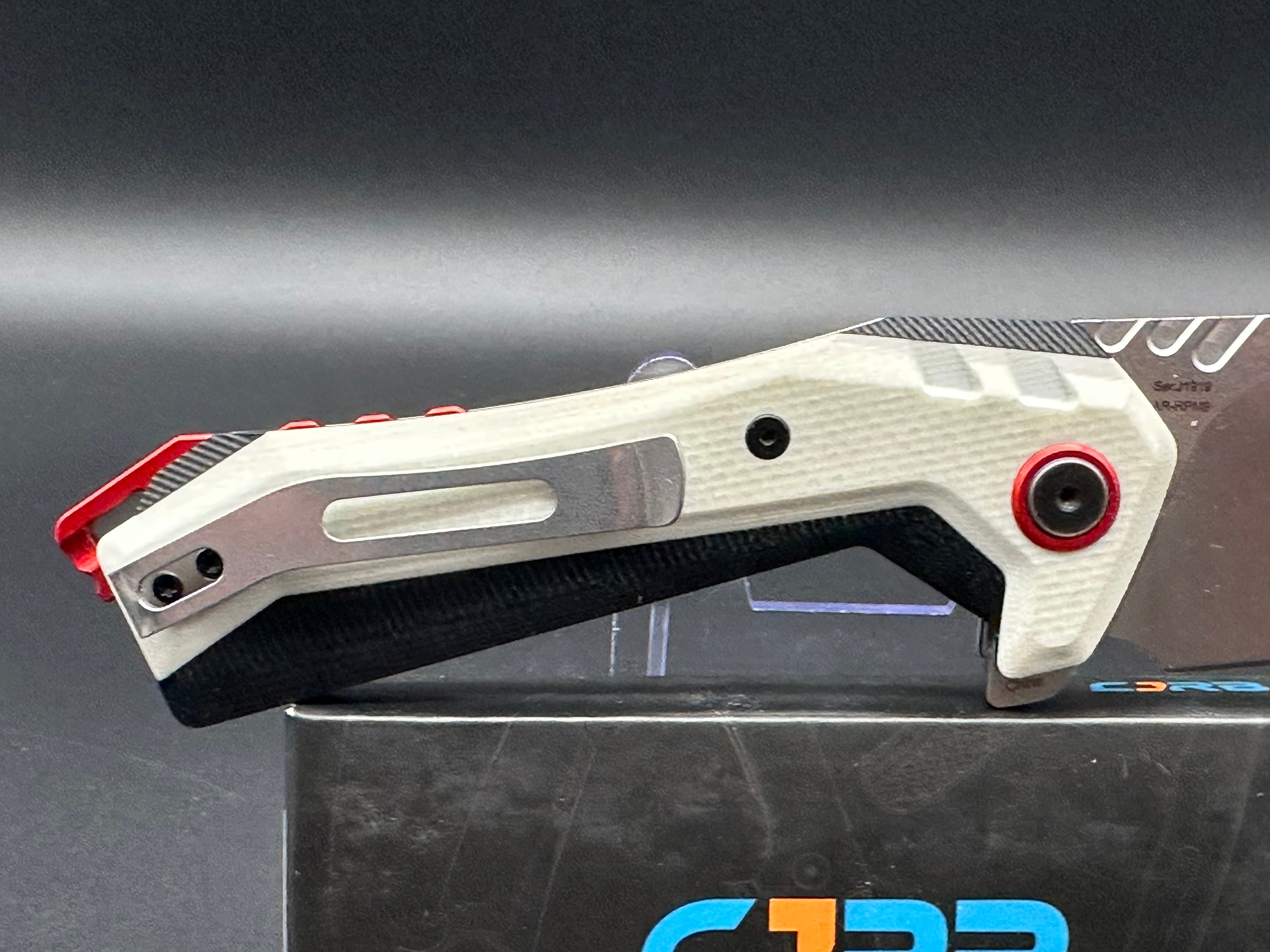 CJRB TIGRIS FOLDING KNIFE WHITE/BLACK G10 HANDLE AR-RPM9 CLEAVER PLAIN EDGE STONEWASH FINISH J1919-WH