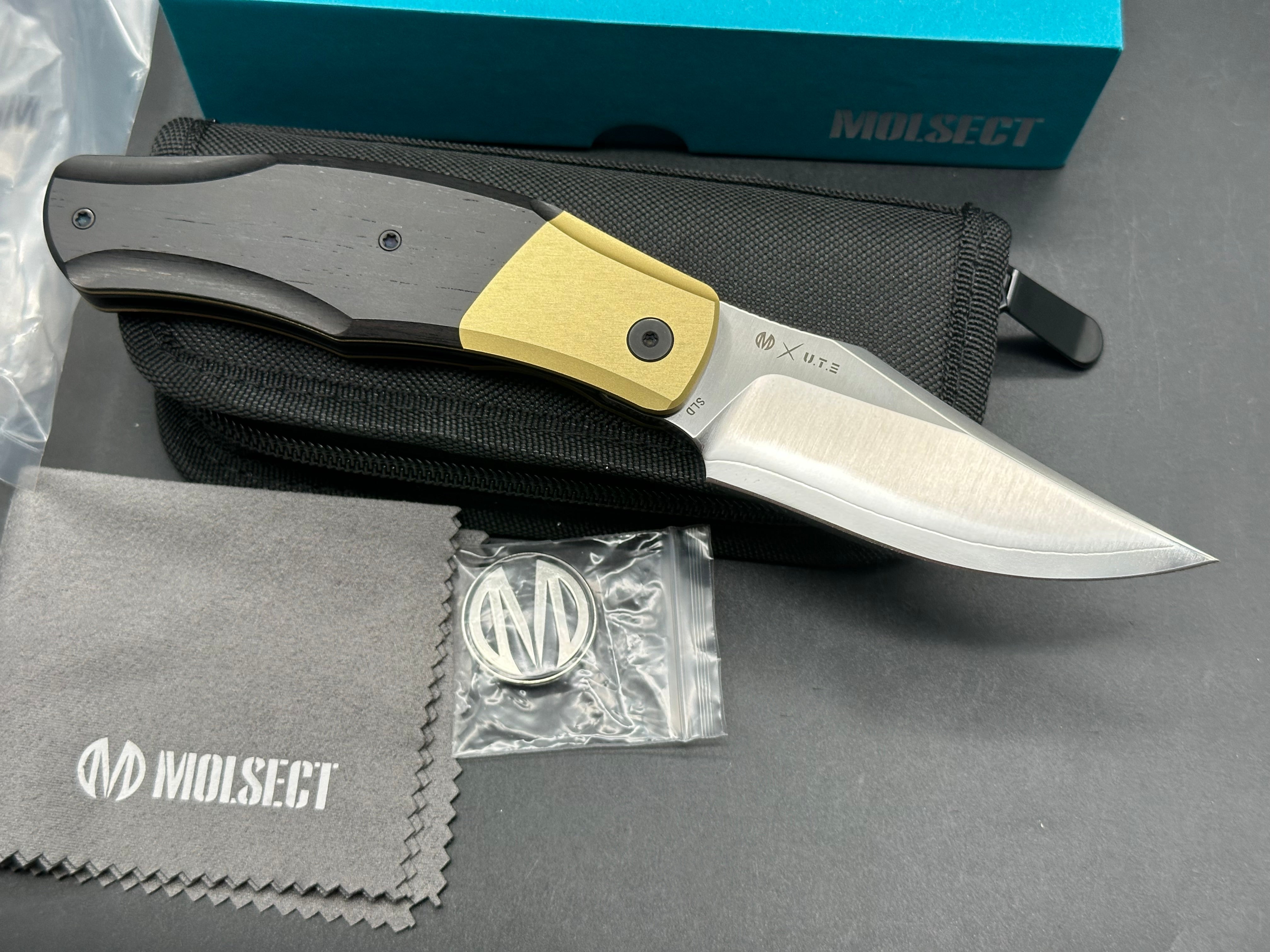 Molsect OLDFASHIONED -SLD STEEL LINER LOCK POCKET KNIFE BRASS FINISH ALUMINUM + EBONY WOOD