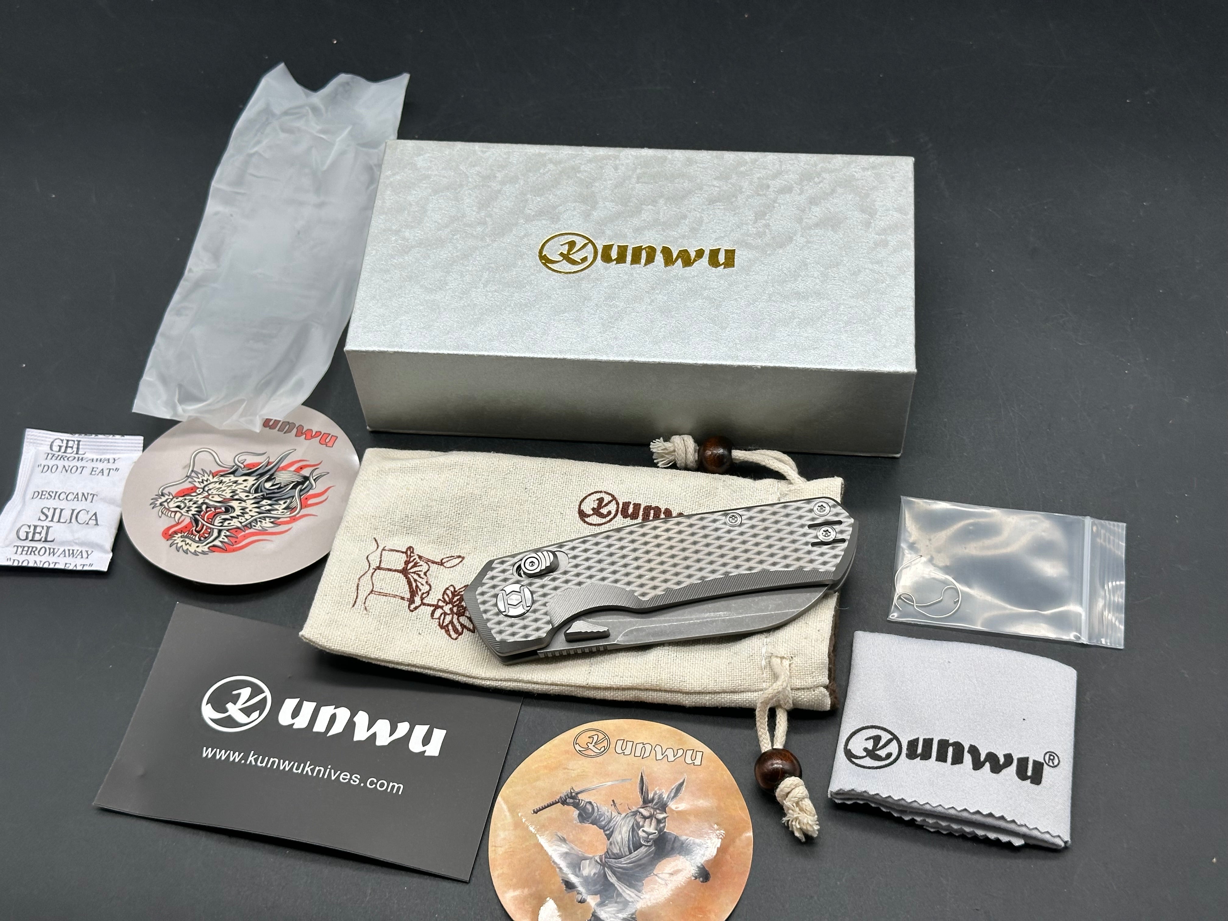 KUNWU COMPACT CHAD FOLDING KNIFE GREY TITANIUM HANDLE PM60 PLAIN EDGE STONEWASH