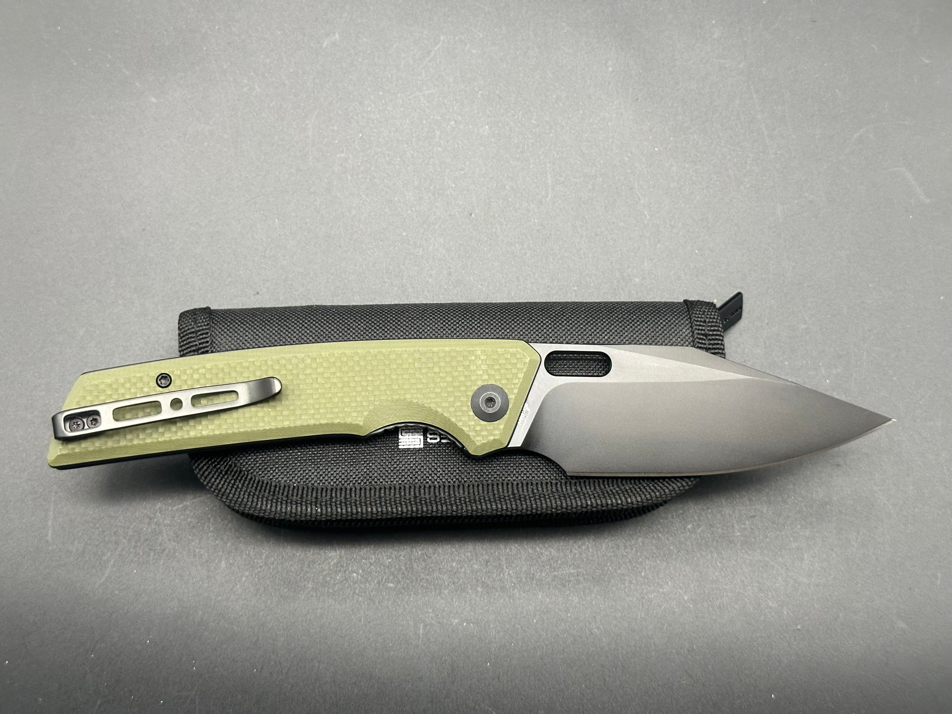 SENCUT GLIDESTRIKE FOLDING KNIFE COARSE OD GREEN G10 HANDLE 9CR18MOV CLIP POINT PLAIN BLACK BLADE