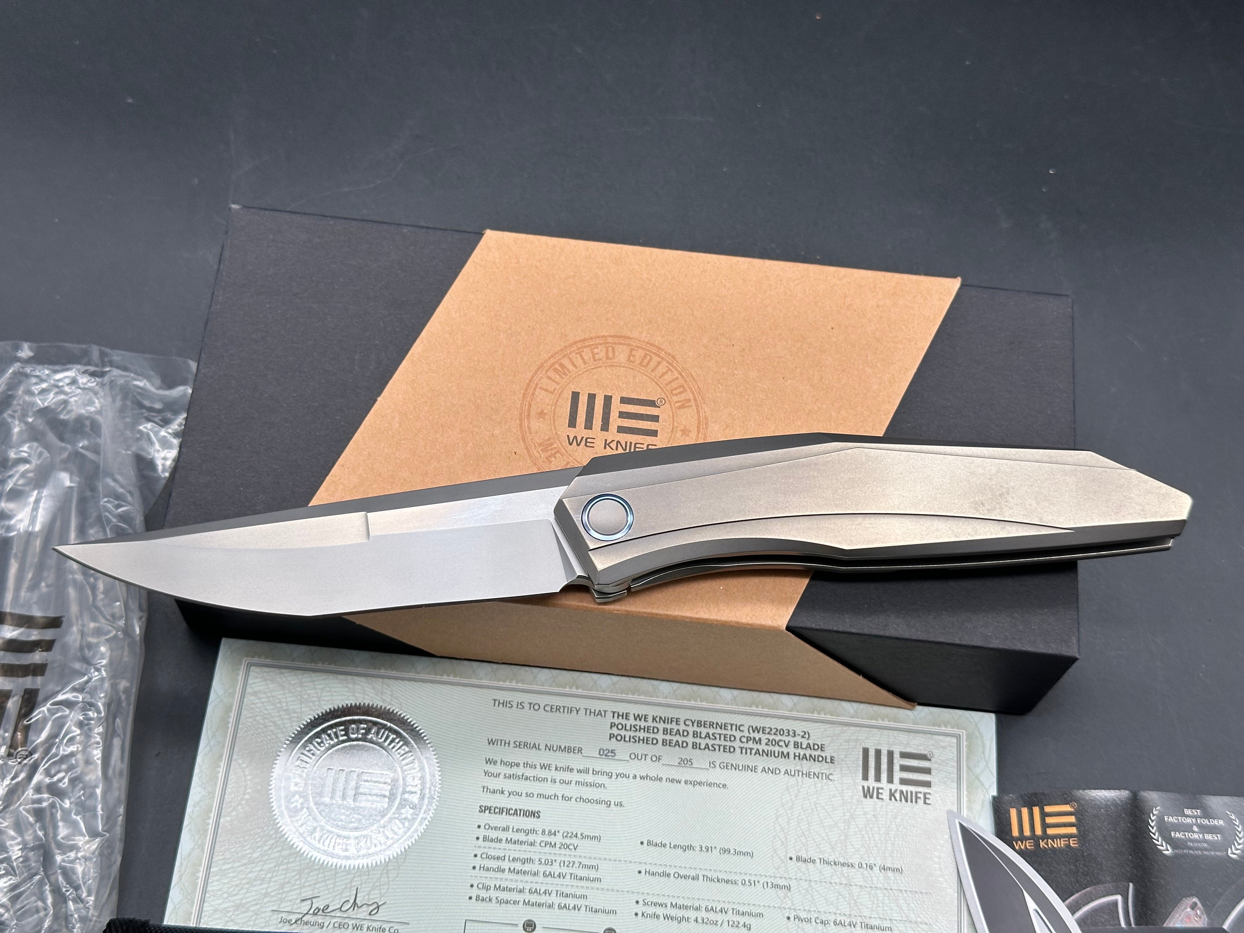 WE Knife Cybernetic #25/205 Frame Lock Knife Titanium (3.9" Polished Gray)