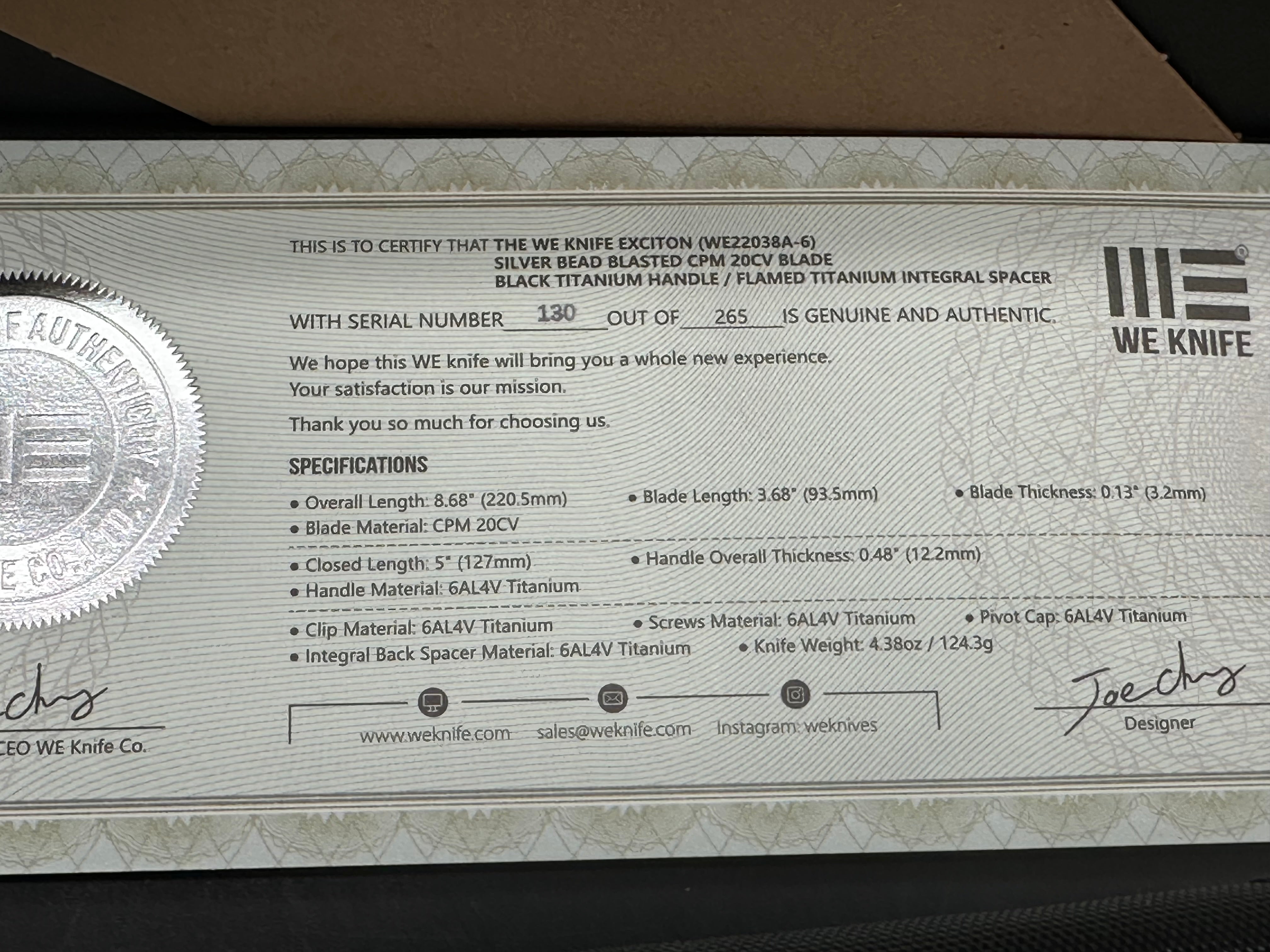 WE Knife Co. Exciton #130/265 Limited Edition Knife Black Gold Titanium (3.7" BB)