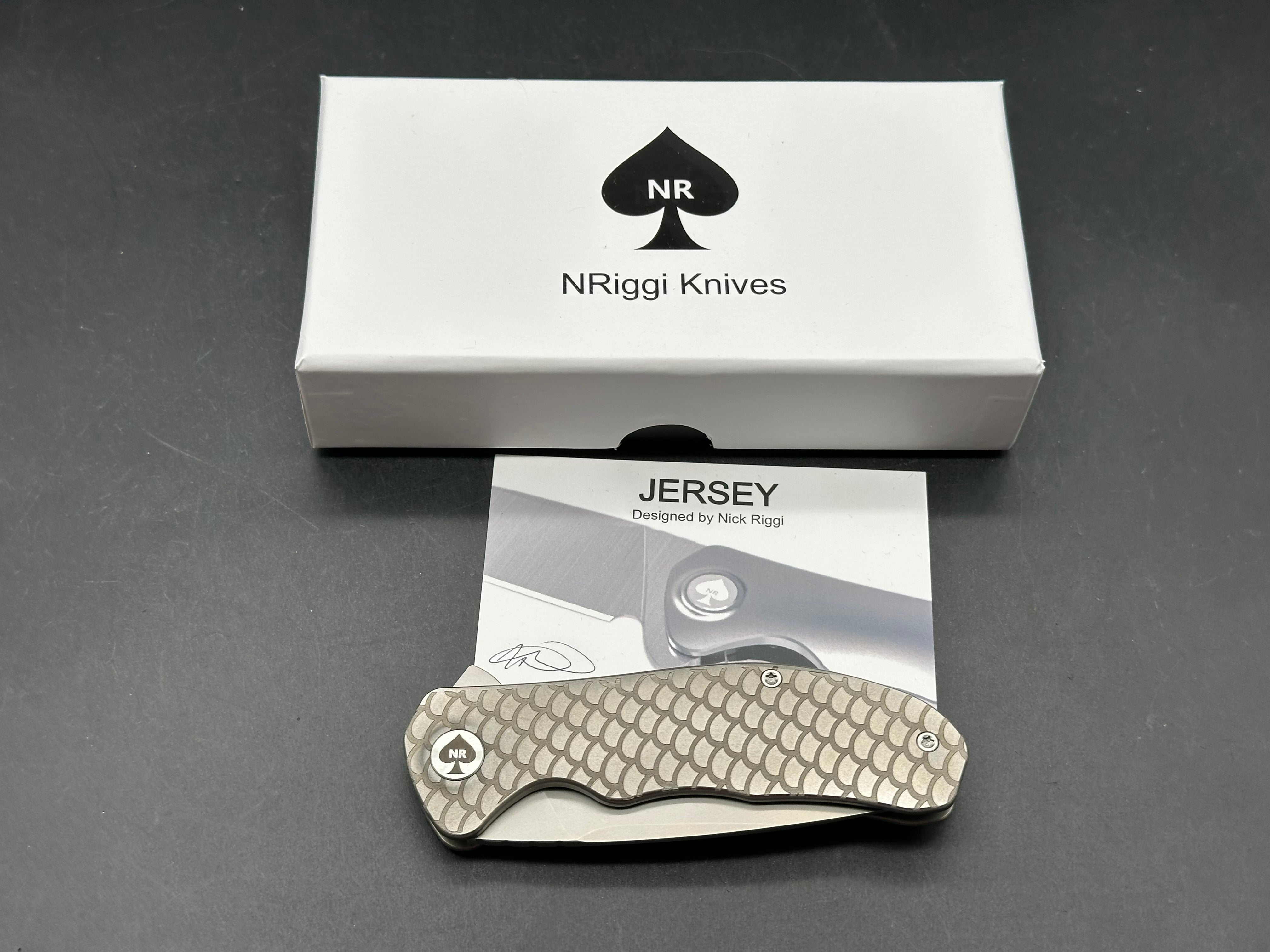 NRiggi Knives "JERSEY" Laser Engraved Titanium Scales w/CPM 20CV bead blast blade