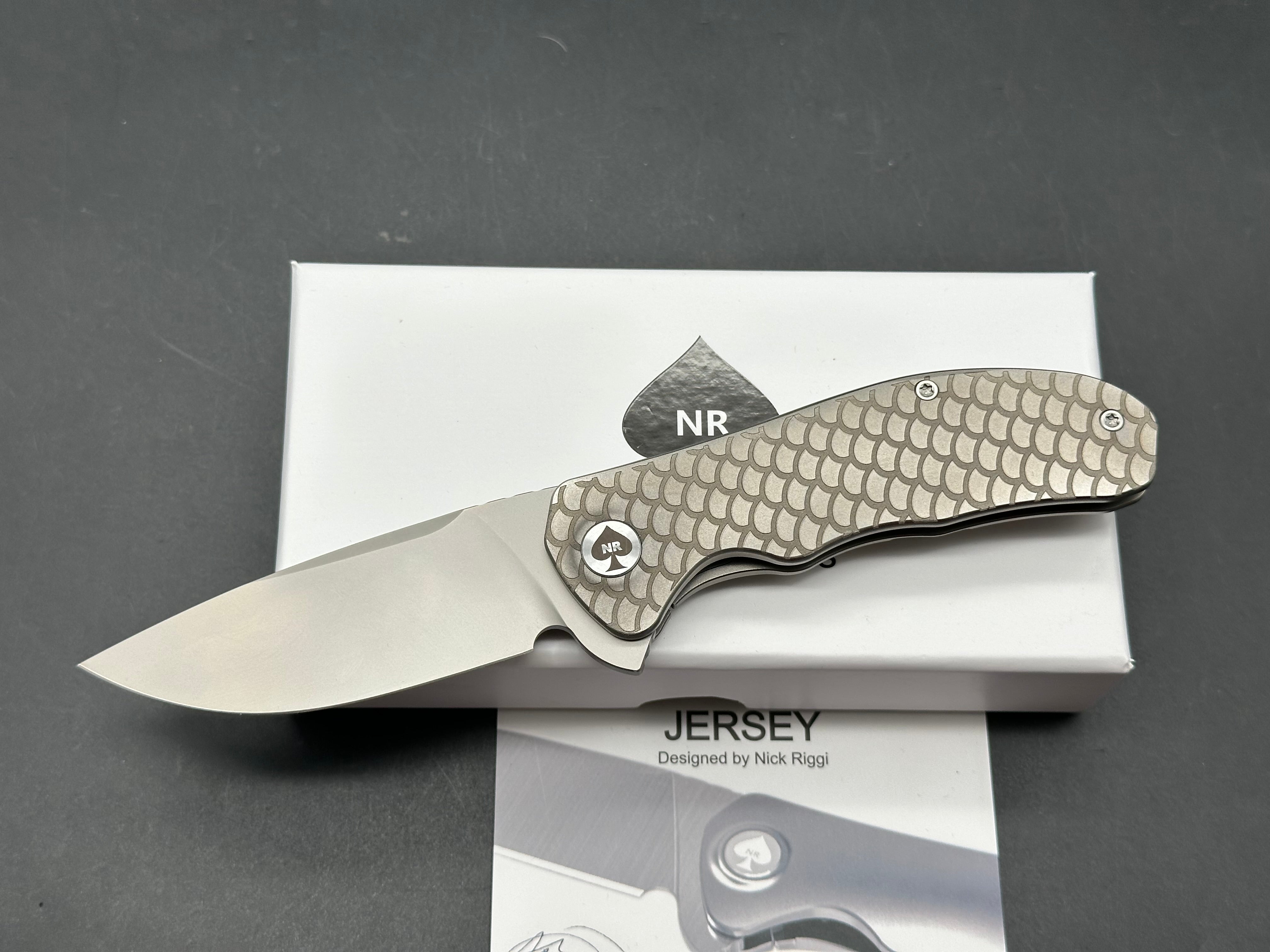 NRiggi Knives "JERSEY" Laser Engraved Titanium Scales w/CPM 20CV bead blast blade