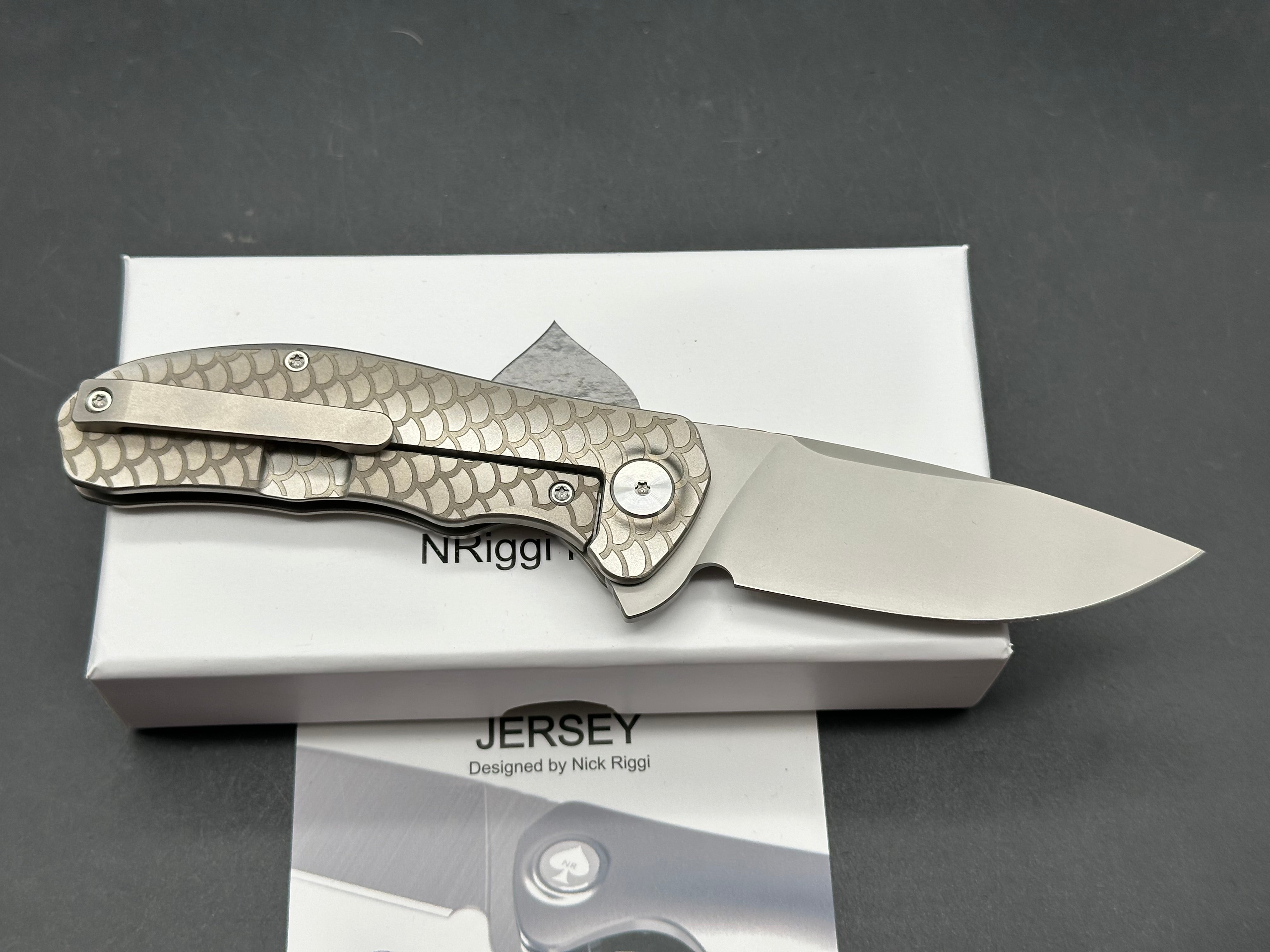 NRiggi Knives "JERSEY" Laser Engraved Titanium Scales w/CPM 20CV bead blast blade
