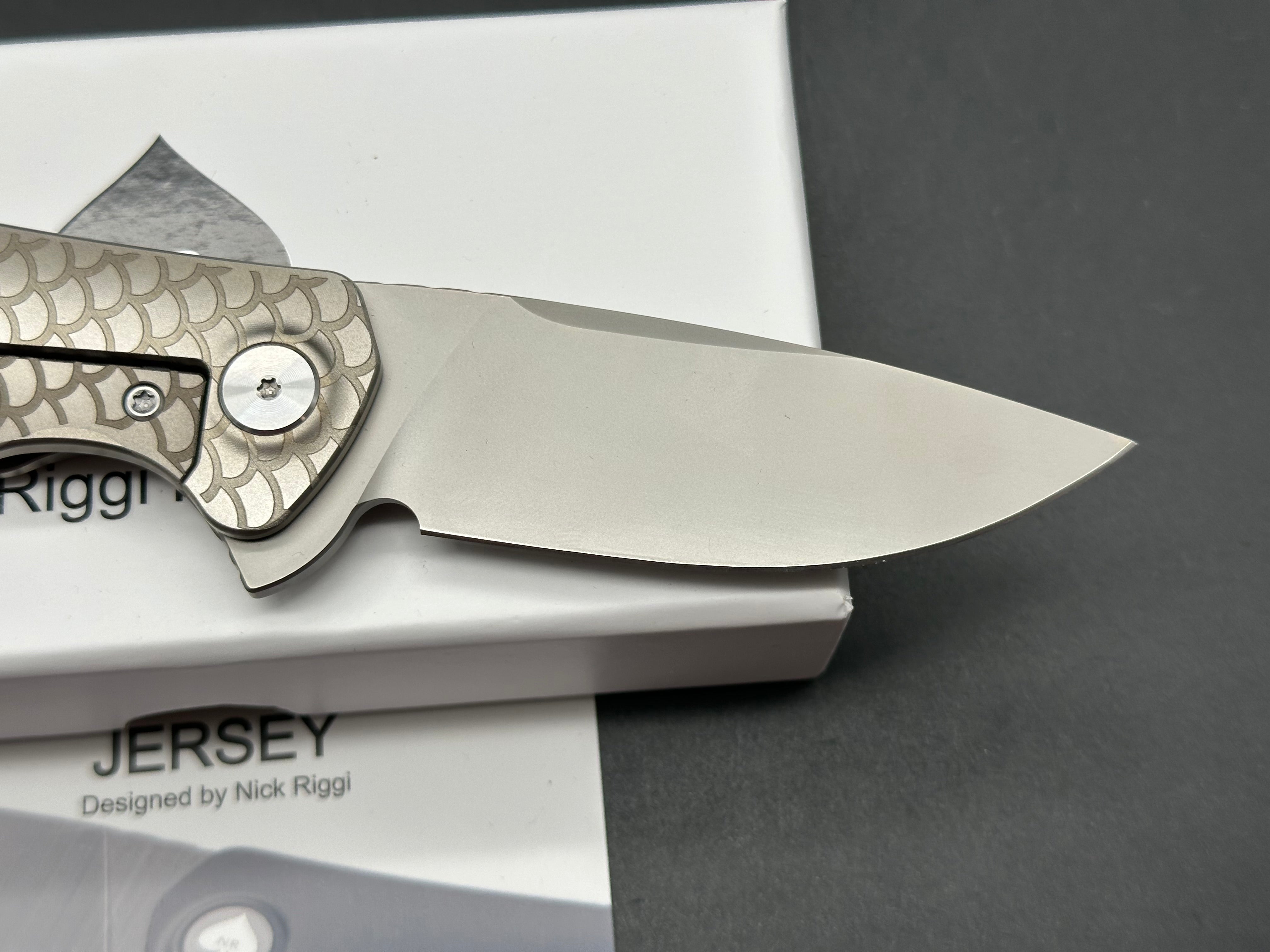 NRiggi Knives "JERSEY" Laser Engraved Titanium Scales w/CPM 20CV bead blast blade