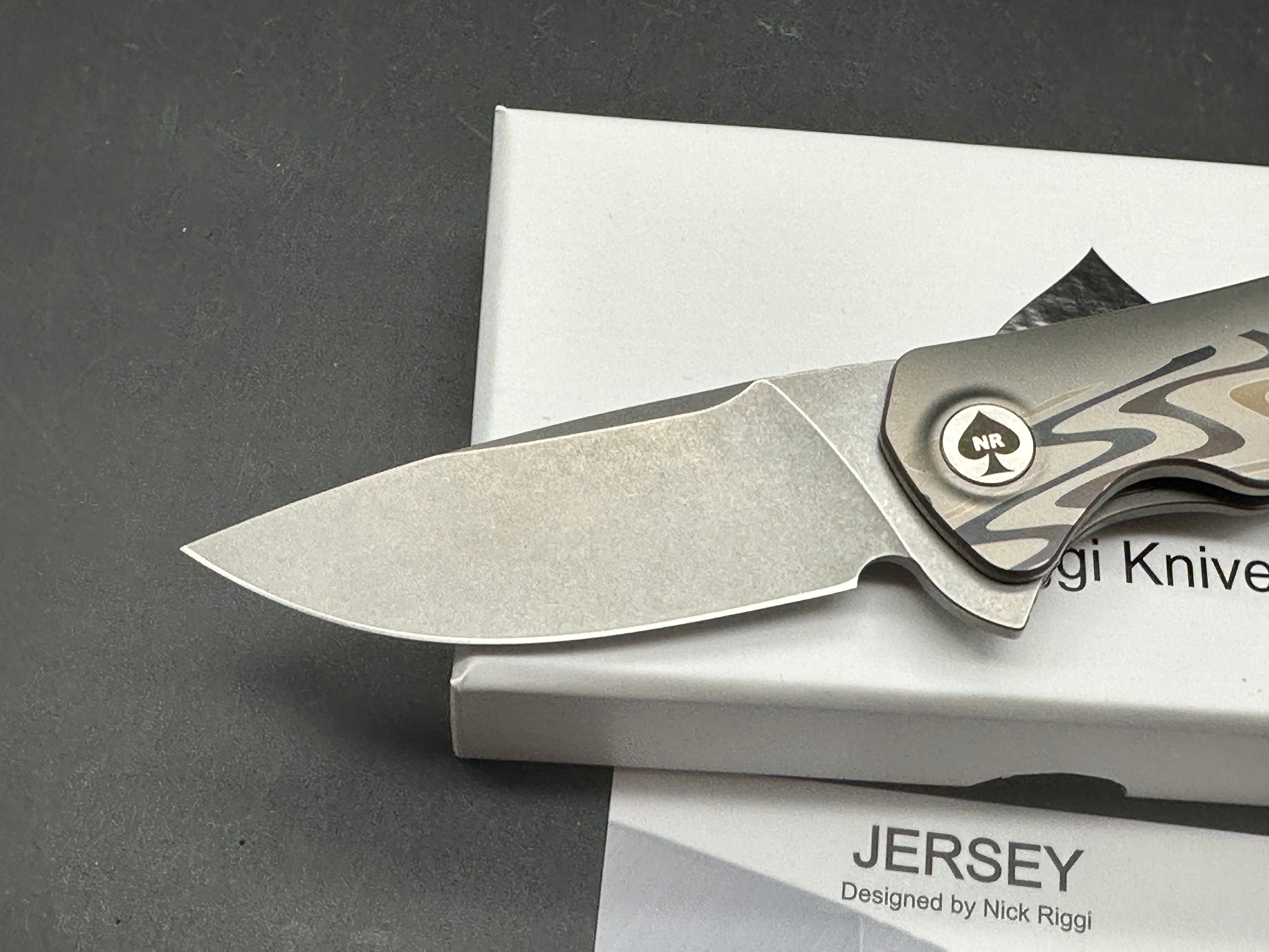NRiggi Knives "JERSEY" Laser Engraved Titanium Scales w/CPM 20CV stonewash blade (wave pattern)