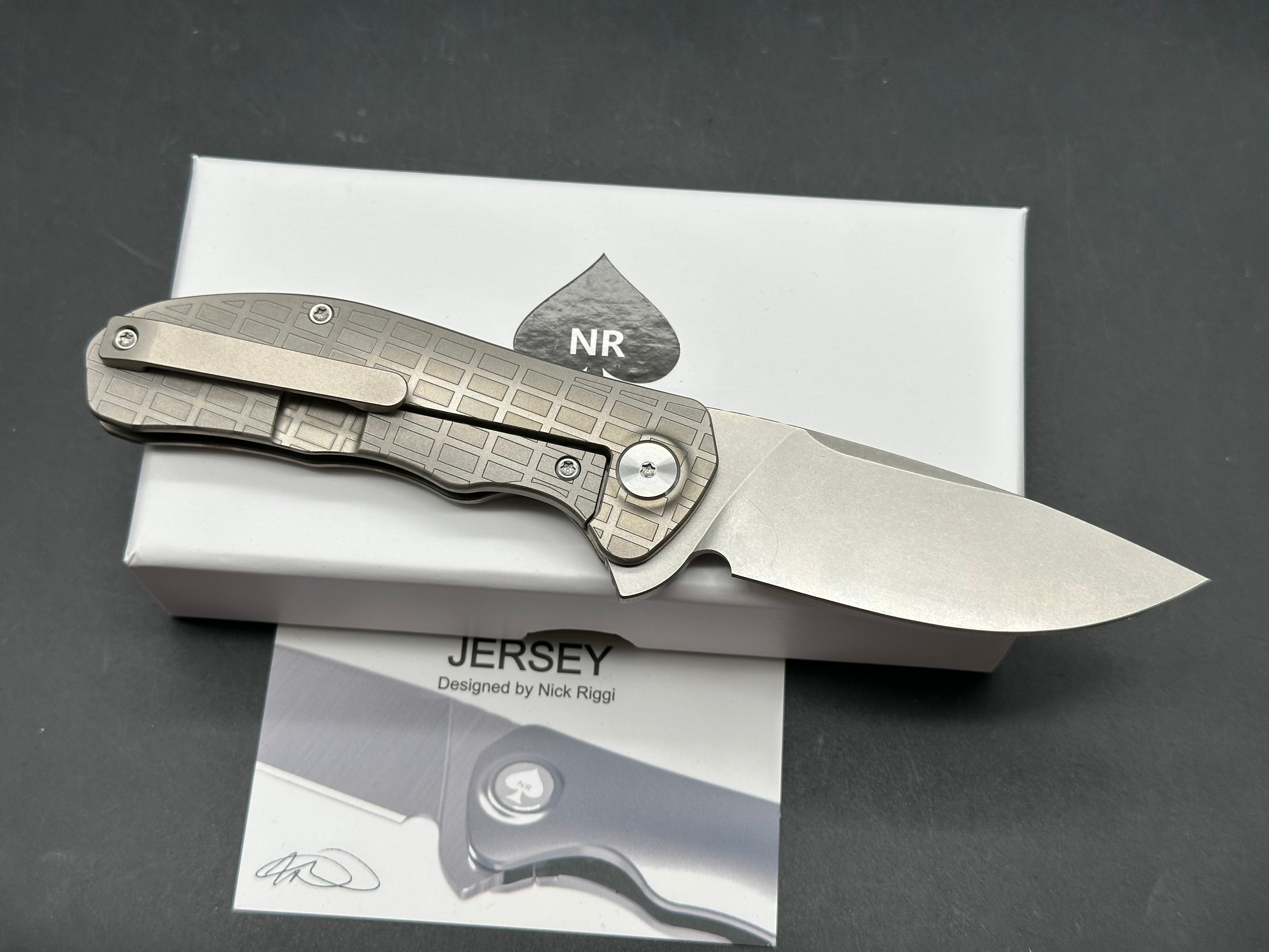 NRiggi Knives "JERSEY" Laser Engraved Titanium Scales w/CPM 20CV stonewash blade (brick pattern)