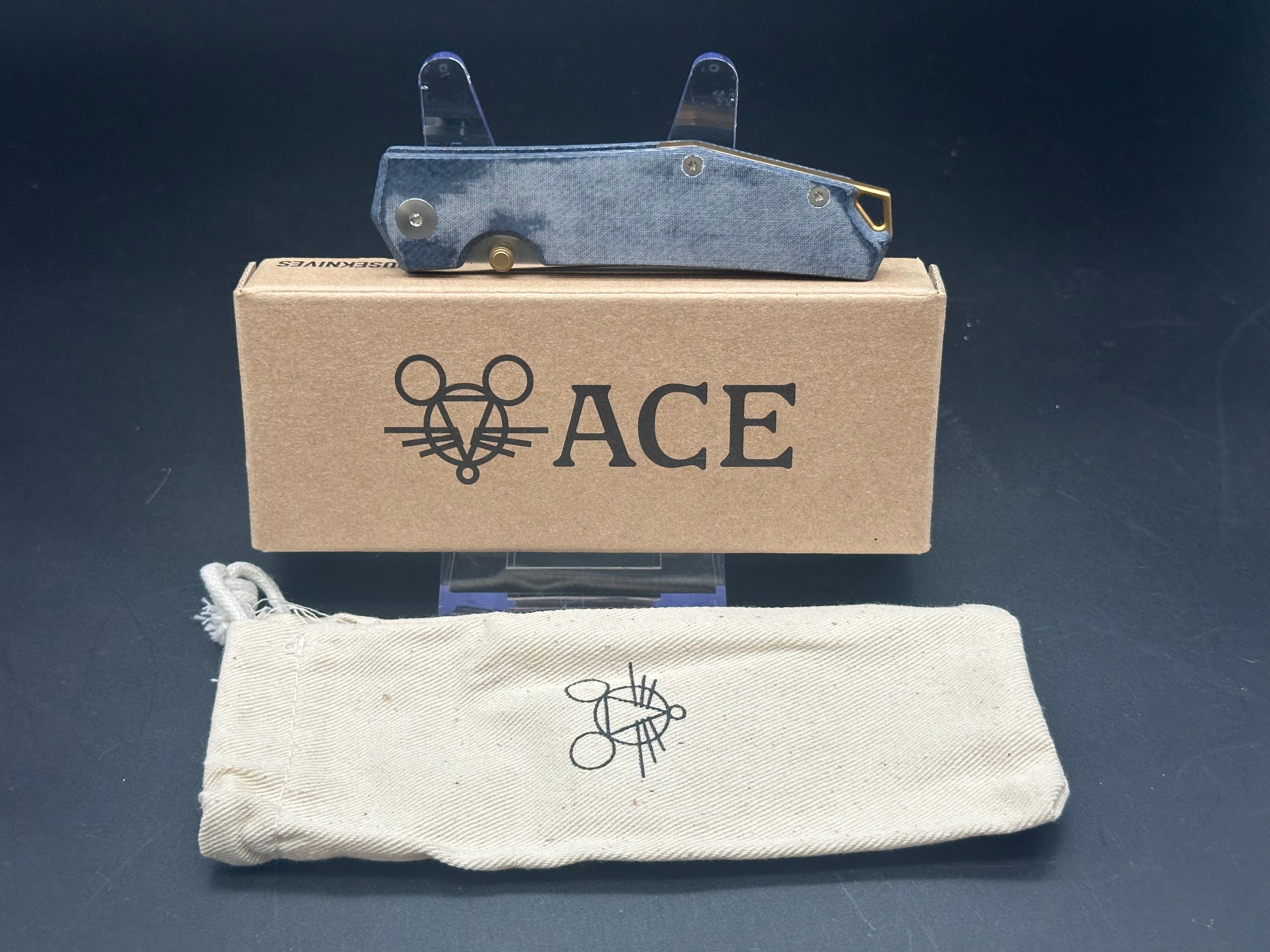 GiantMouse Vox/Anso ACE Clyde Liner Lock Knife Denim Micarta/Brass (3" Satin)