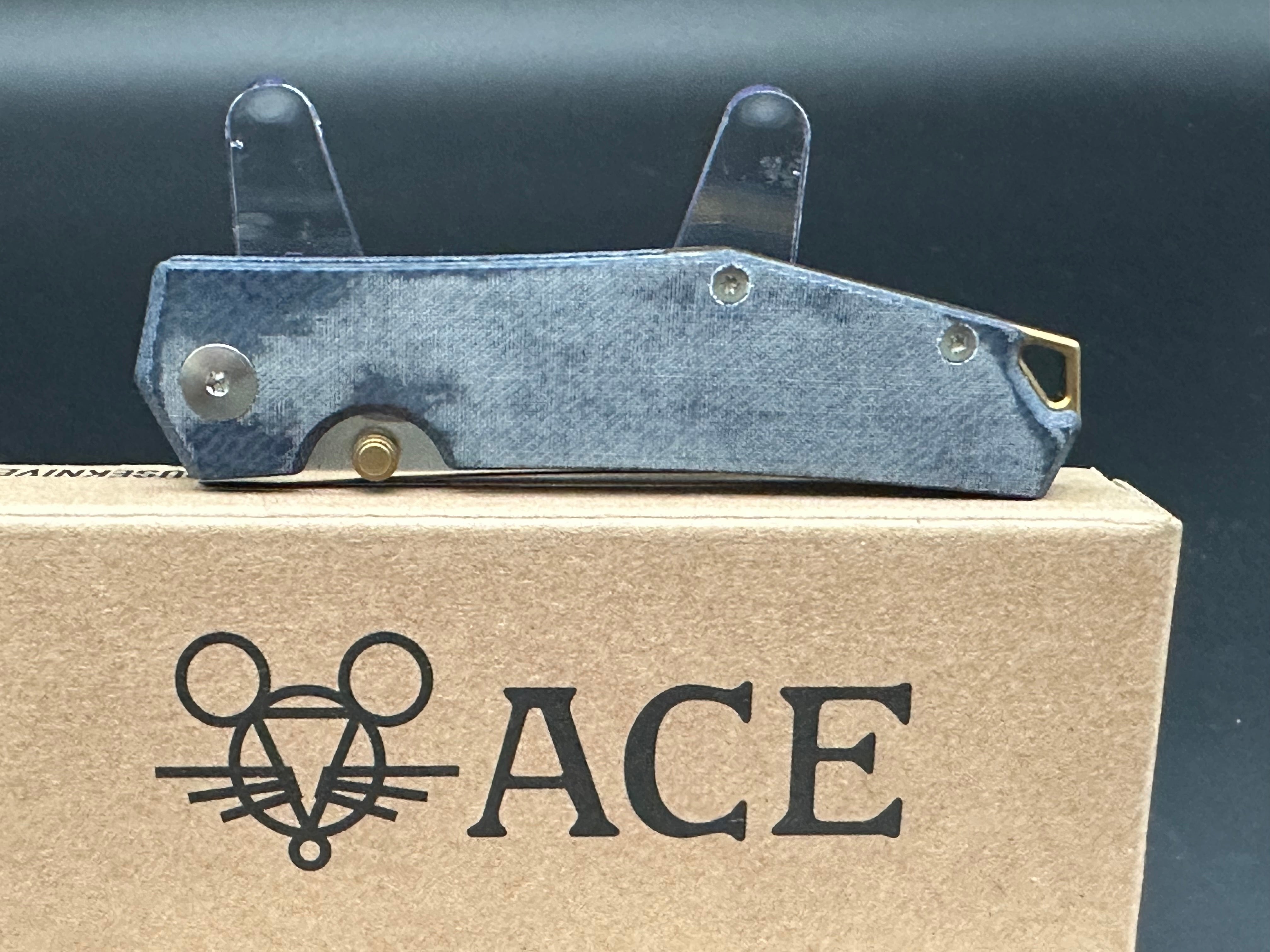 GiantMouse Vox/Anso ACE Clyde Liner Lock Knife Denim Micarta/Brass (3" Satin)