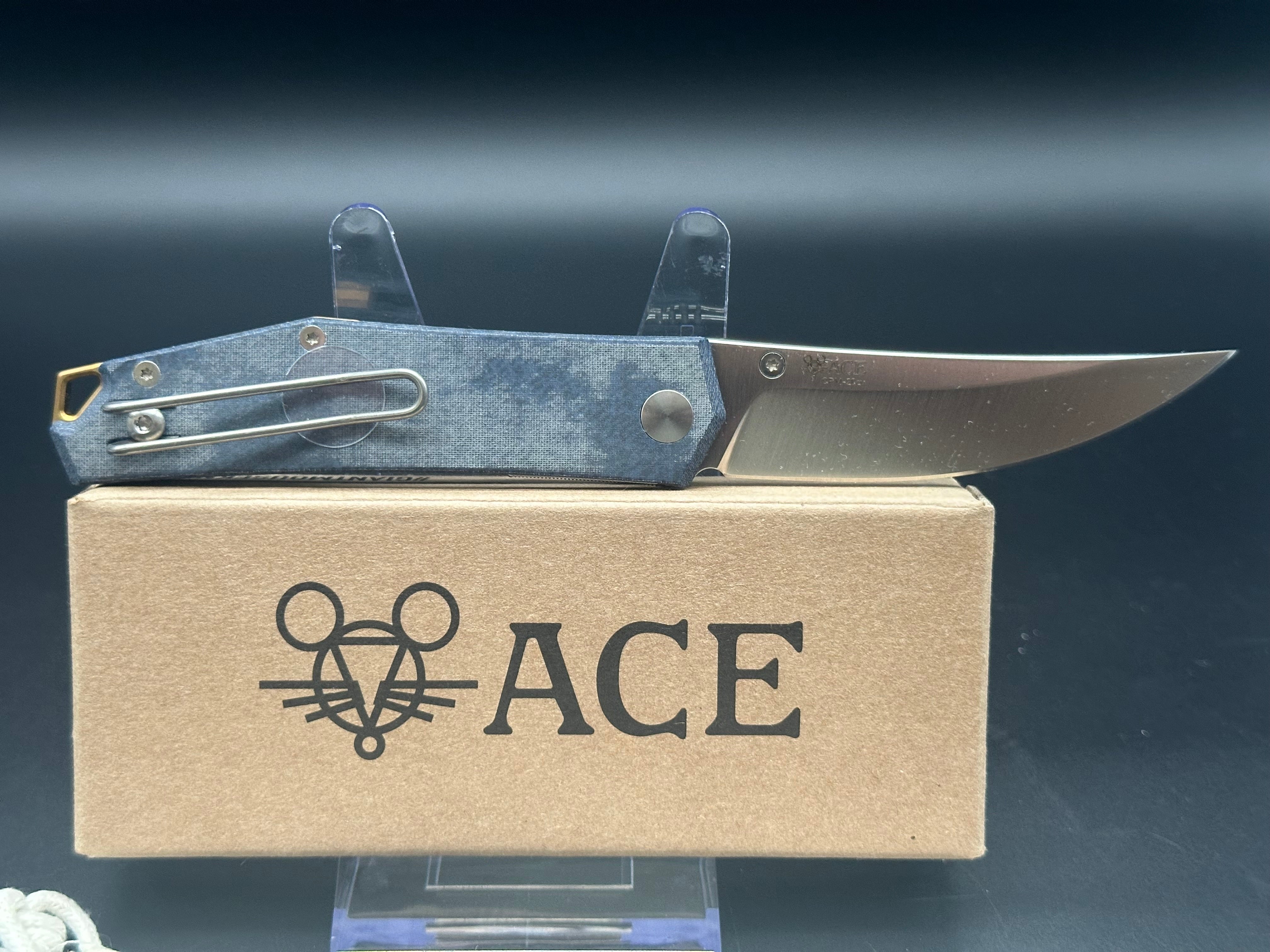 GiantMouse Vox/Anso ACE Clyde Liner Lock Knife Denim Micarta/Brass (3" Satin)