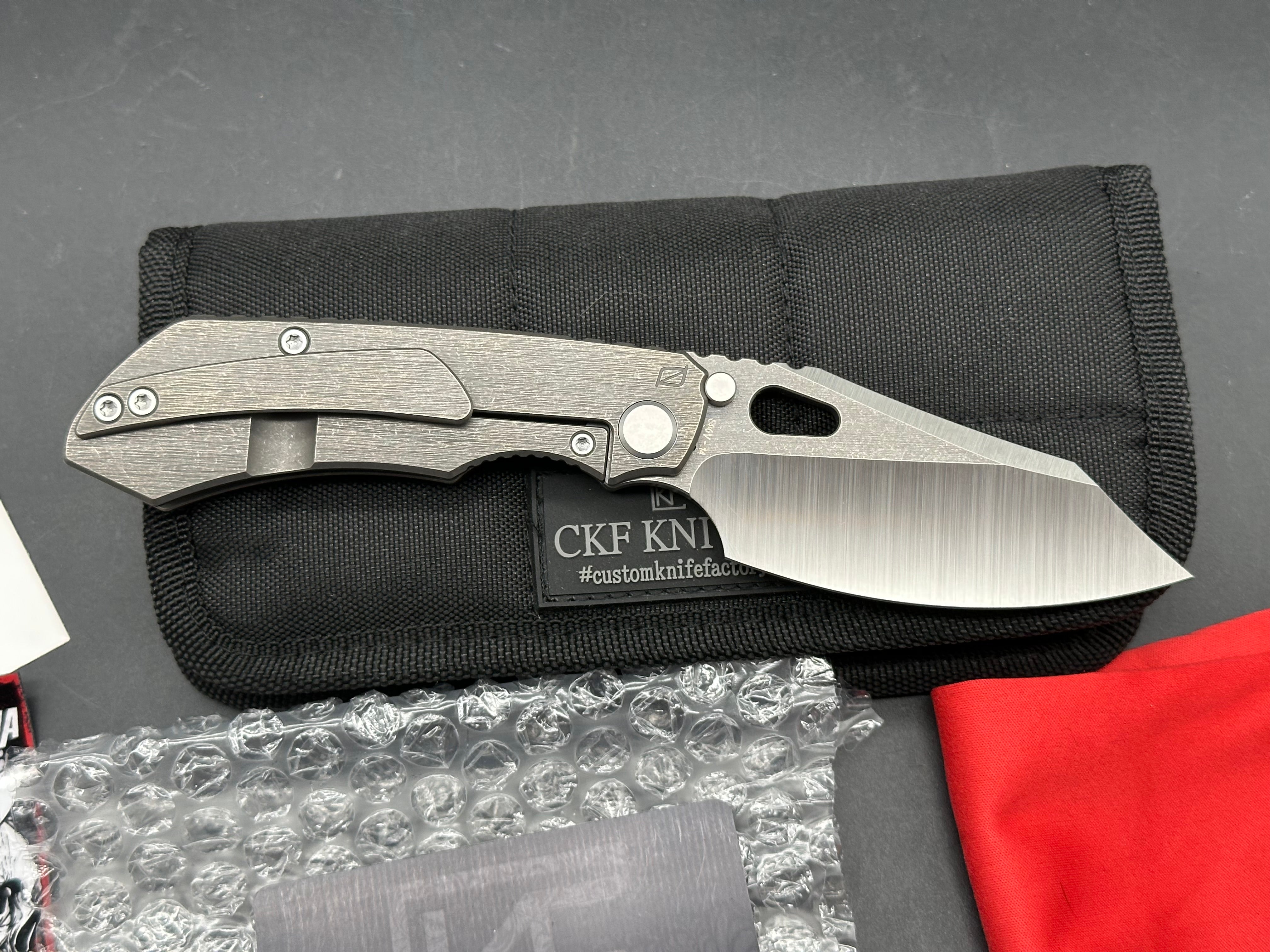 CKF EVO 4.0 Plain Jane #14, Machine Satin S90V Blade, Dark Blasted and Tumbled Titanium Handles