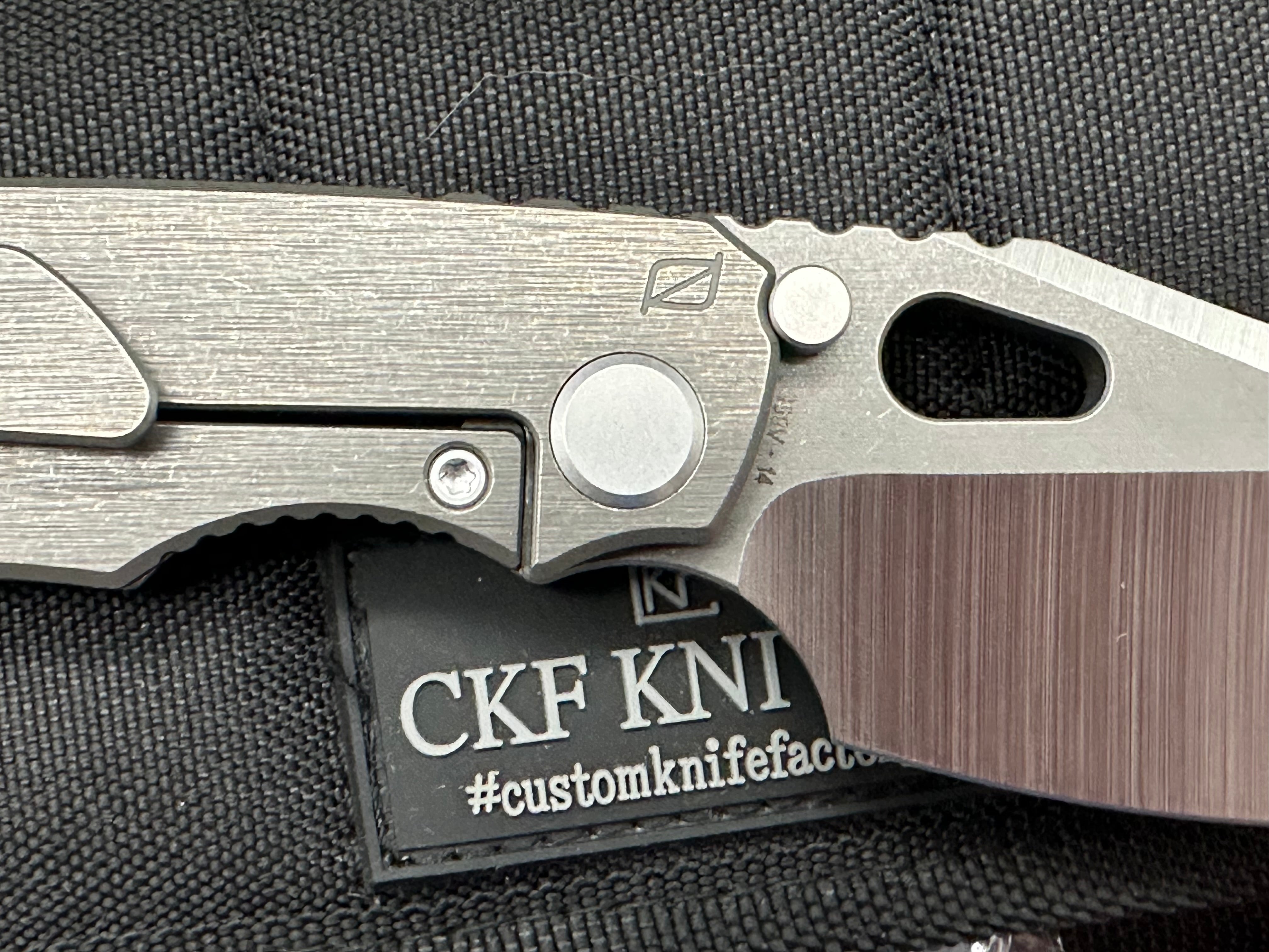 CKF EVO 4.0 Plain Jane #14, Machine Satin S90V Blade, Dark Blasted and Tumbled Titanium Handles