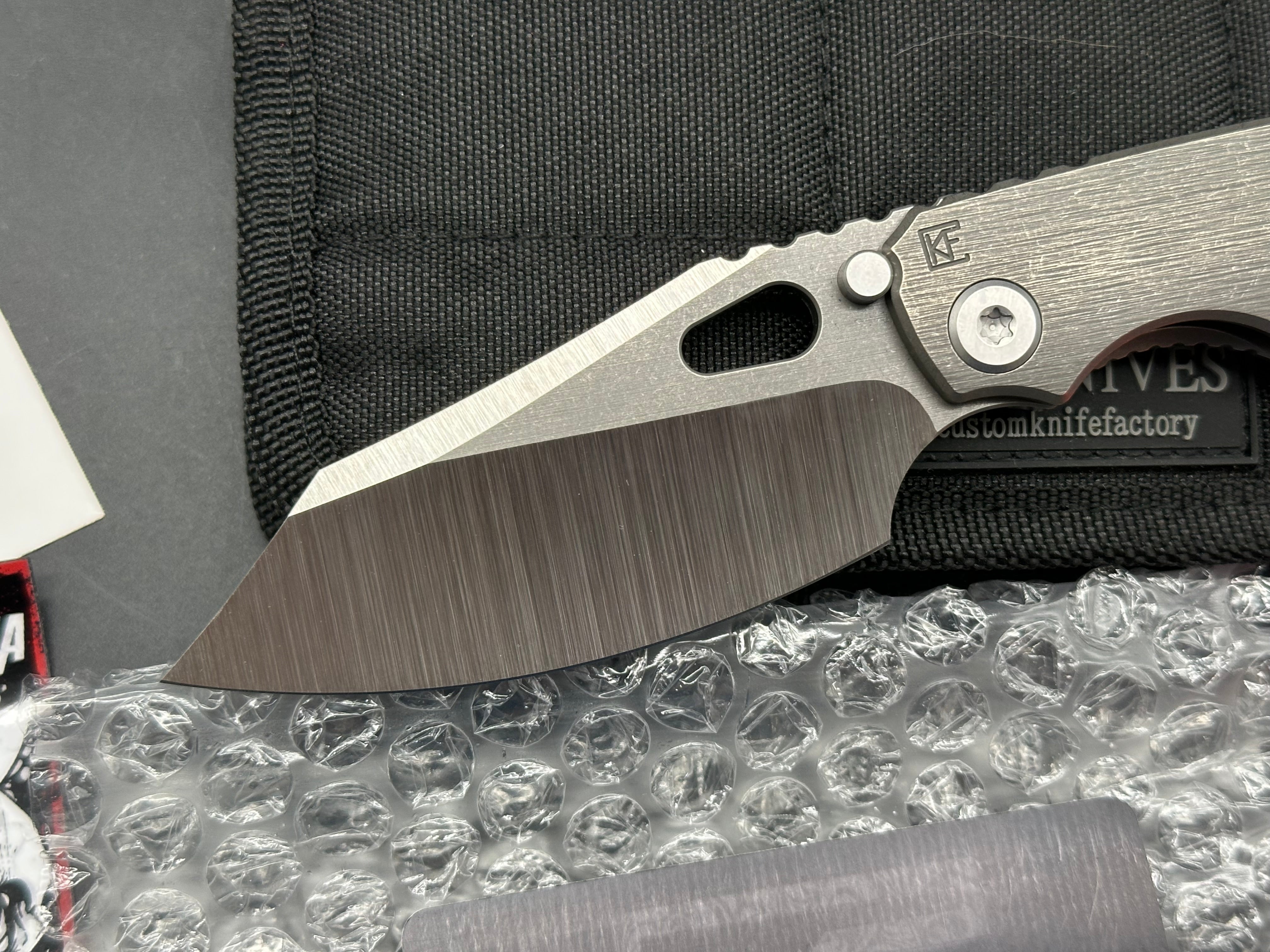 CKF EVO 4.0 Plain Jane #14, Machine Satin S90V Blade, Dark Blasted and Tumbled Titanium Handles