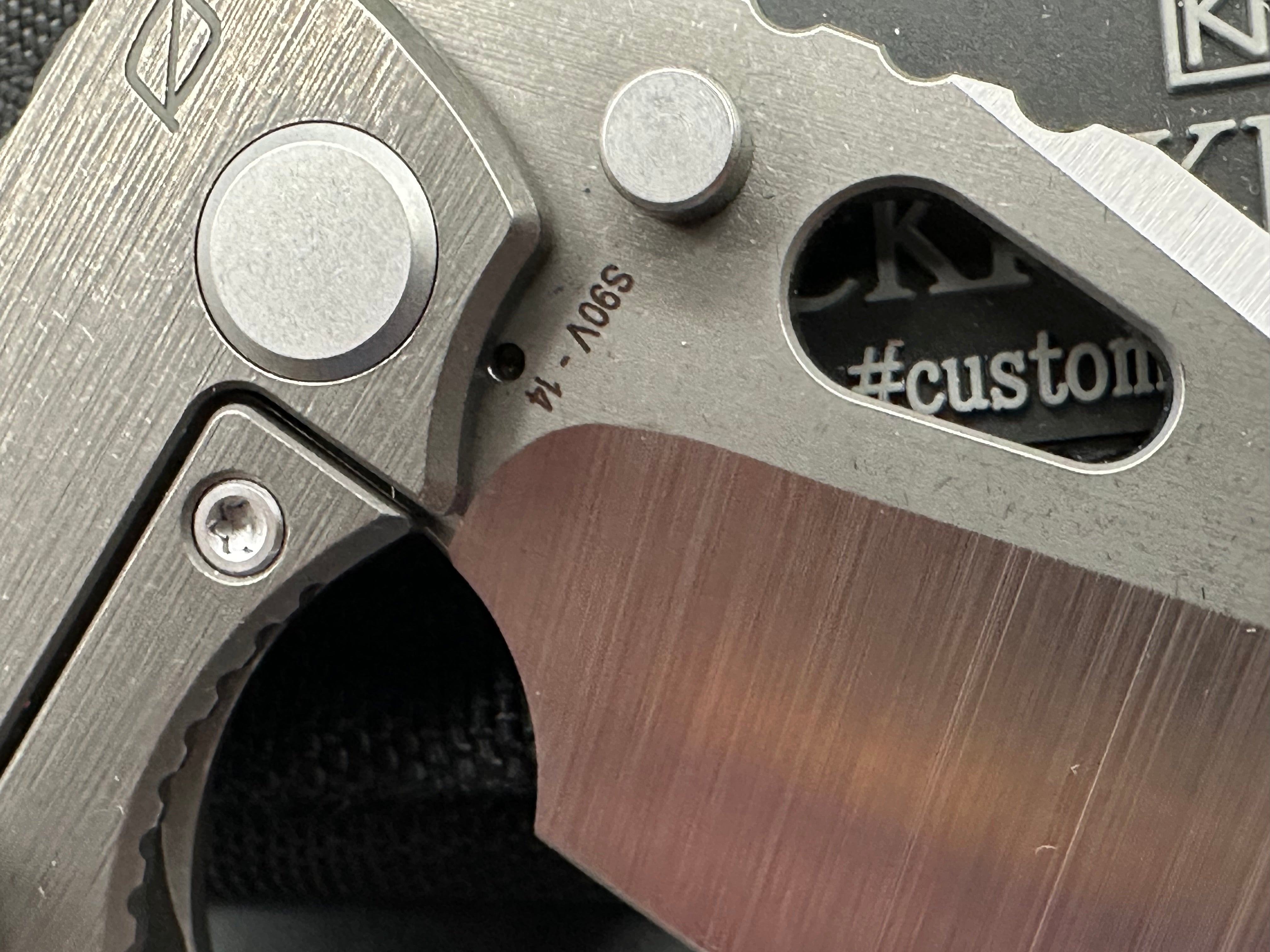 CKF EVO 4.0 Plain Jane #14, Machine Satin S90V Blade, Dark Blasted and Tumbled Titanium Handles