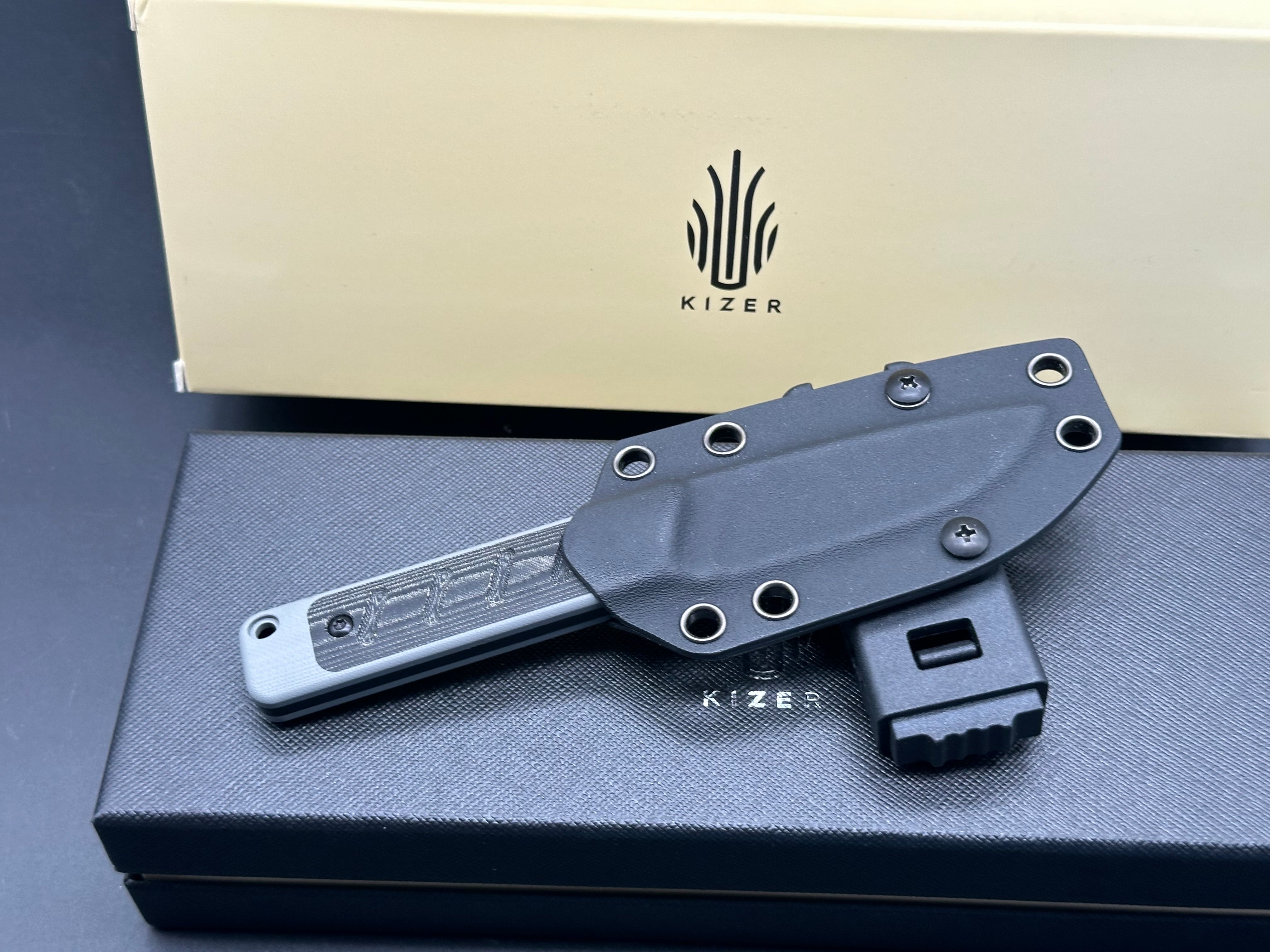 KIZER SMOLT FIXED BLADE KNIFE GRAY/BLACK G10/MICARTA HANDLE 3V DROP POINT PLAIN BLACK BLADE