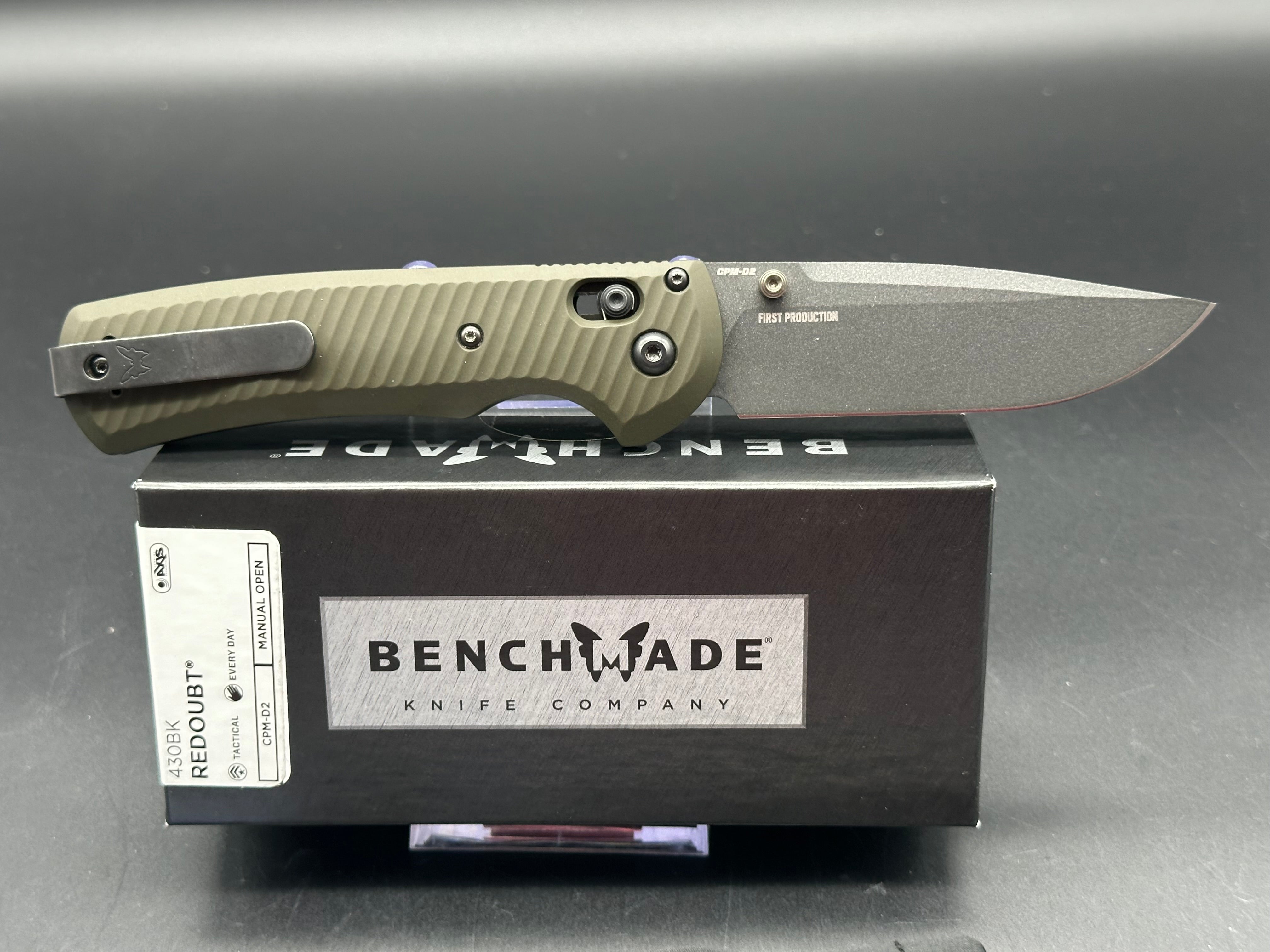 Benchmade Redoubt, 3.55" CPM D2 Cobalt Black Cerakote Blade with Custon AWT OD Green Aluminum Scales