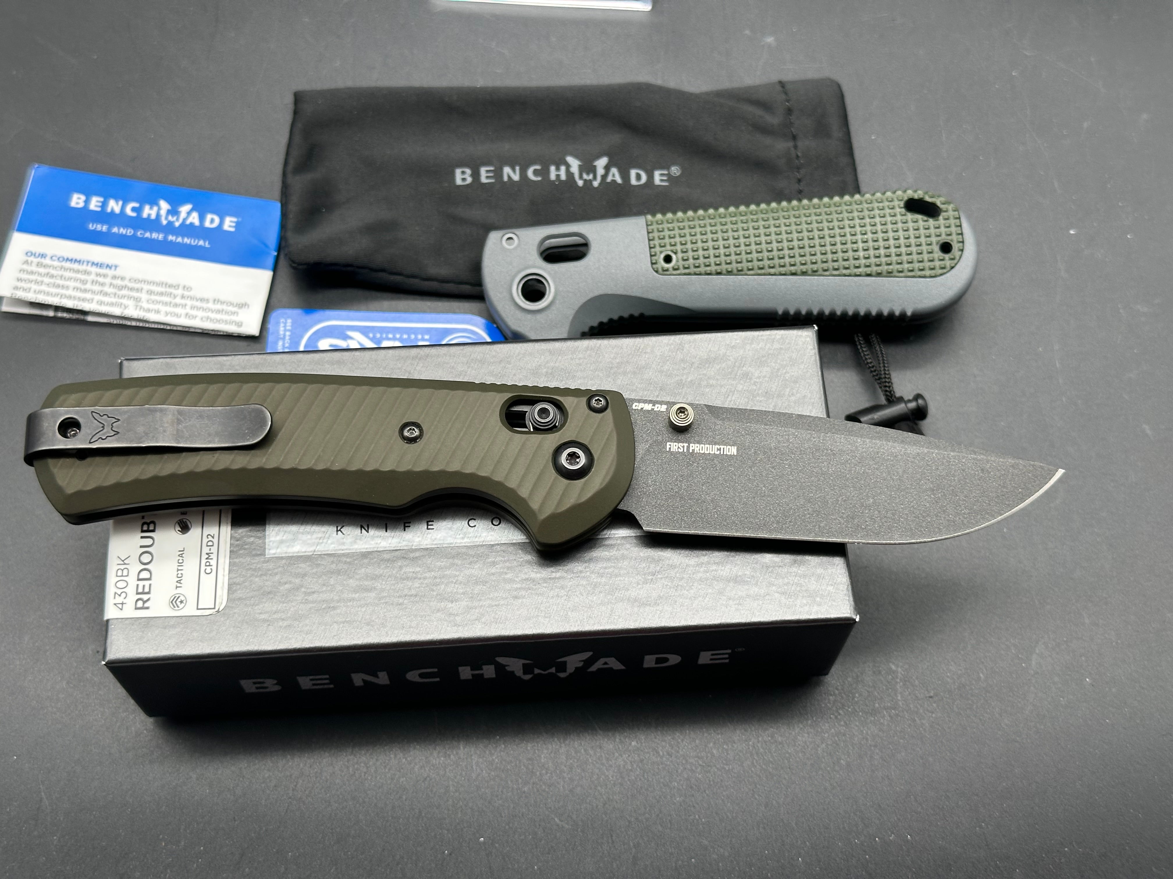 Benchmade Redoubt, 3.55" CPM D2 Cobalt Black Cerakote Blade with Custon AWT OD Green Aluminum Scales