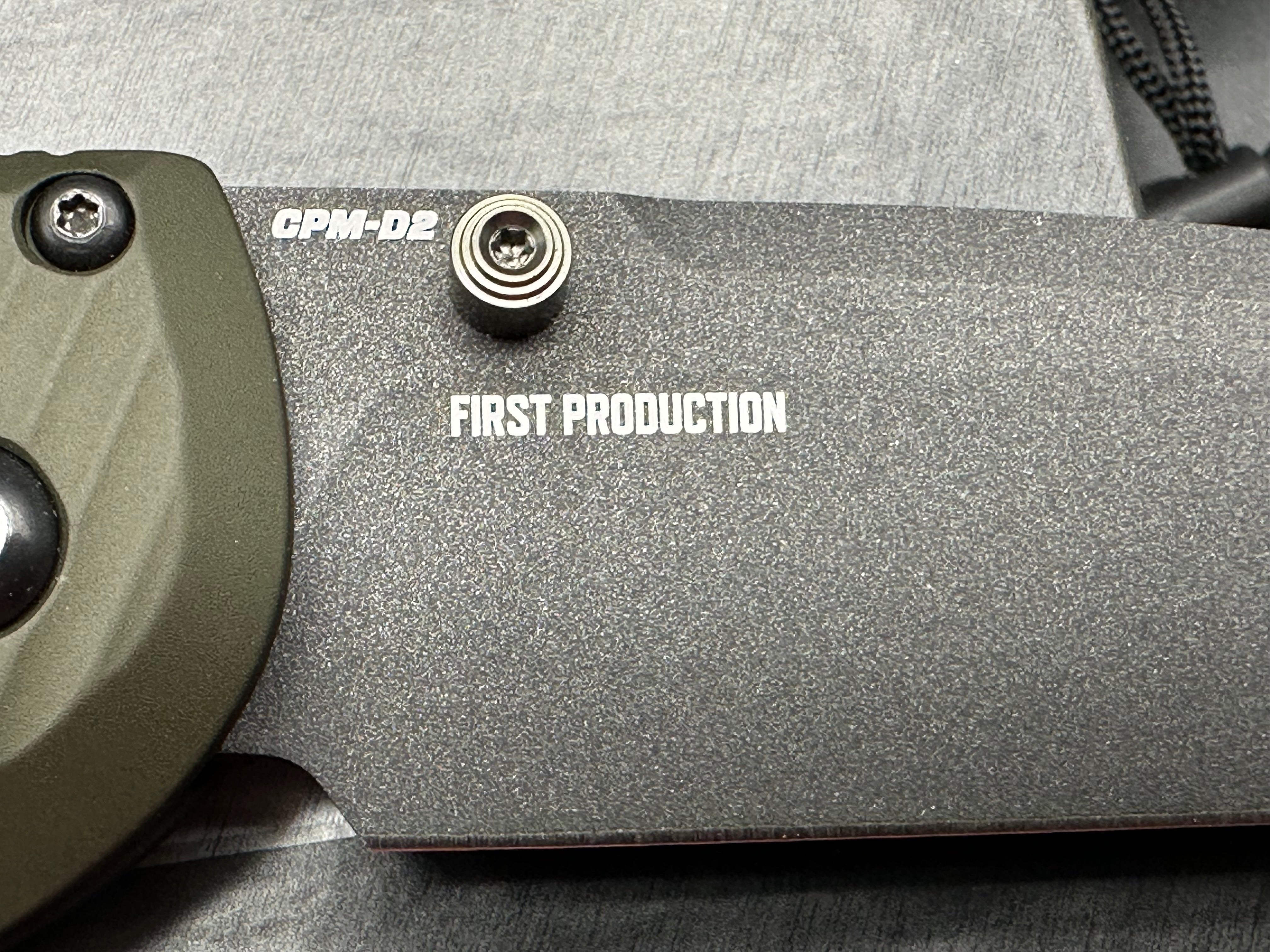 Benchmade Redoubt, 3.55" CPM D2 Cobalt Black Cerakote Blade with Custon AWT OD Green Aluminum Scales