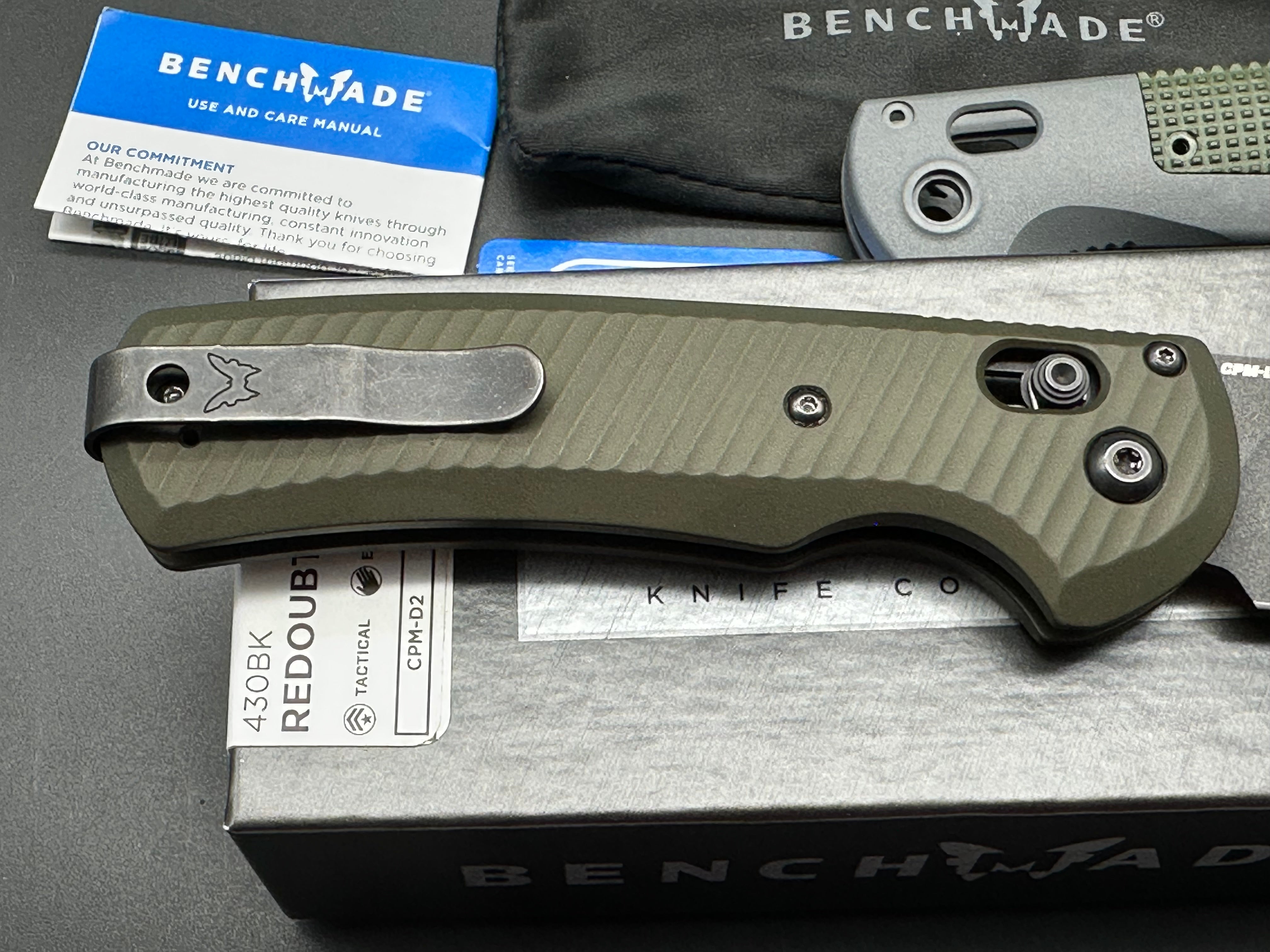 Benchmade Redoubt, 3.55" CPM D2 Cobalt Black Cerakote Blade with Custon AWT OD Green Aluminum Scales