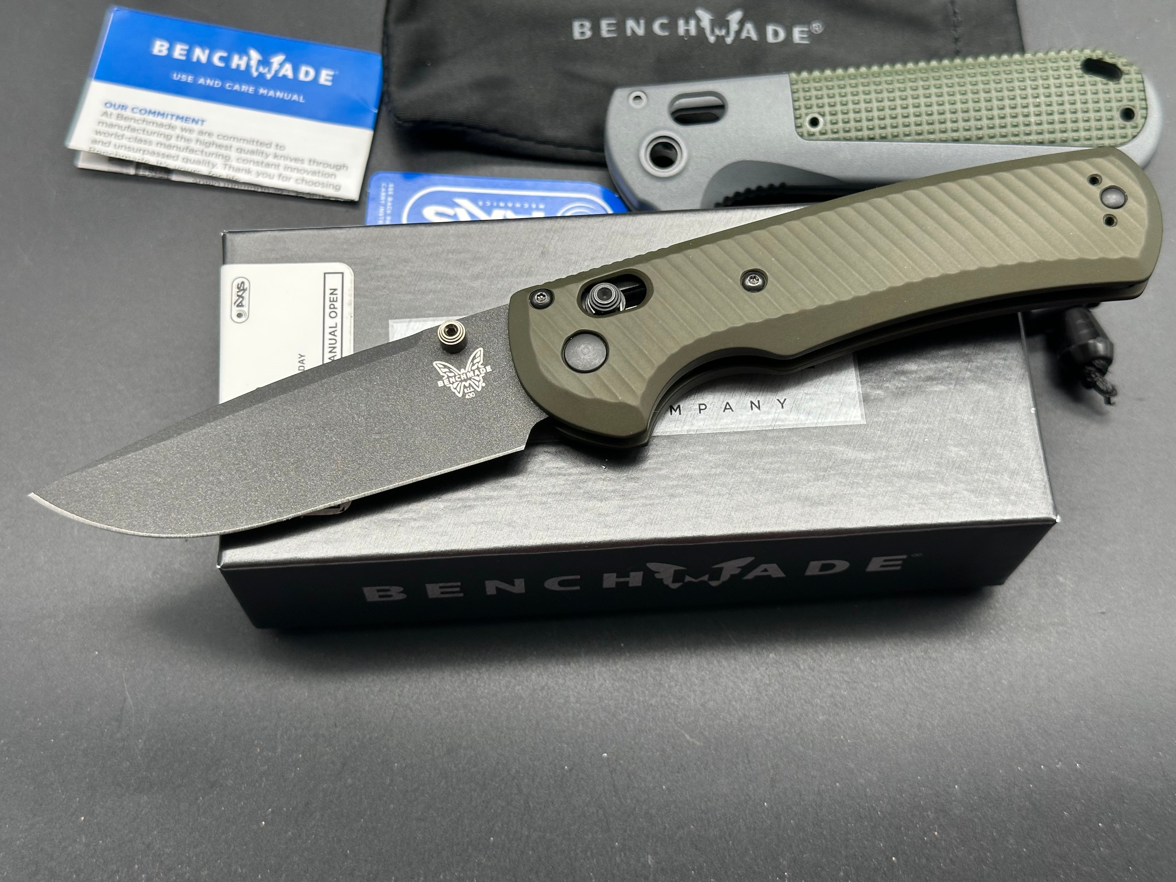 Benchmade Redoubt, 3.55" CPM D2 Cobalt Black Cerakote Blade with Custon AWT OD Green Aluminum Scales