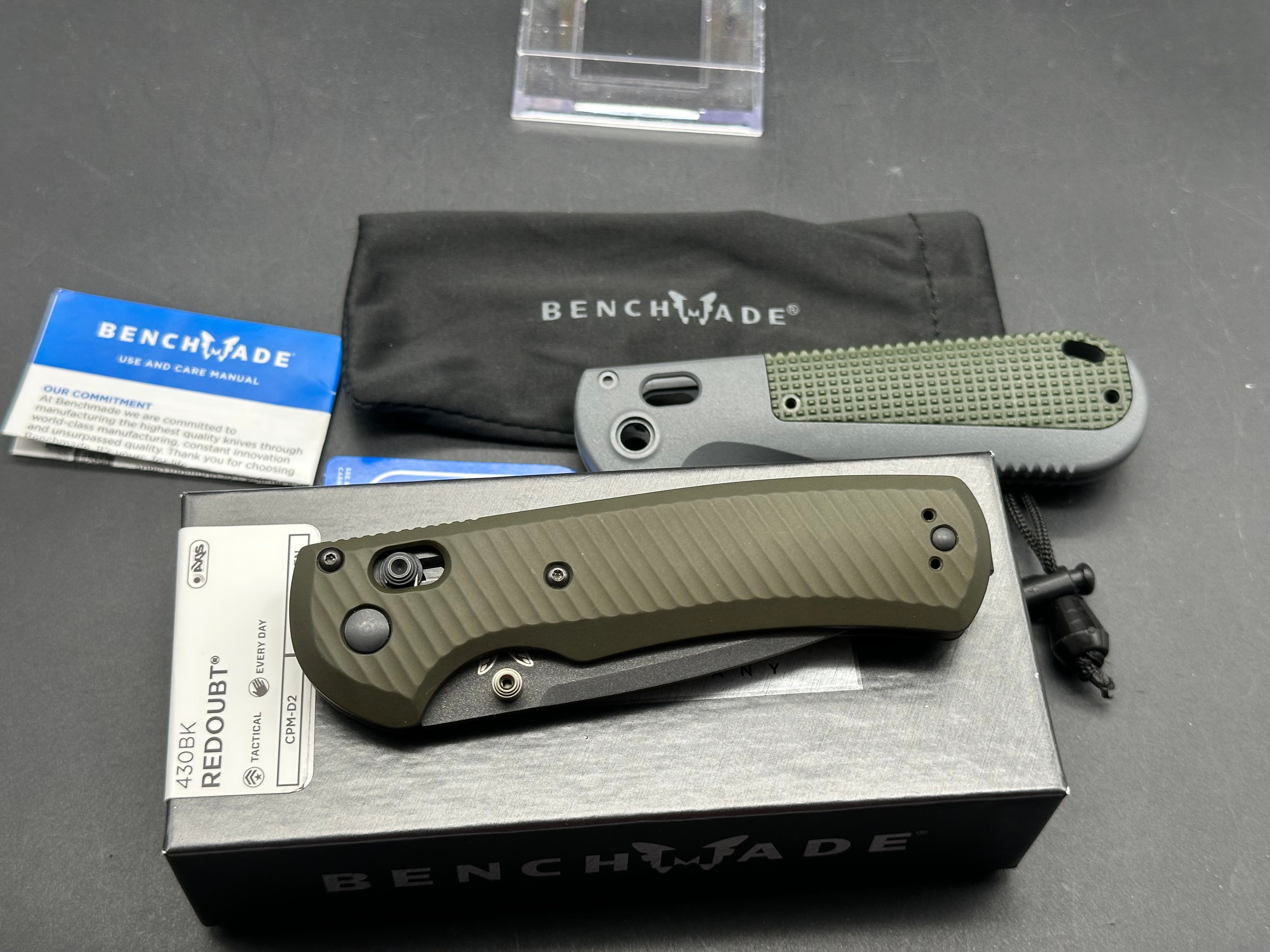 Benchmade Redoubt, 3.55" CPM D2 Cobalt Black Cerakote Blade with Custon AWT OD Green Aluminum Scales